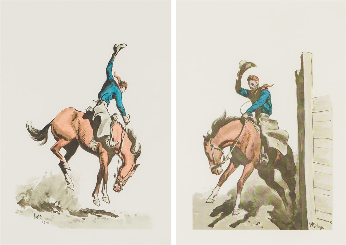 Maynard Dixon (2) Going Down & Out of the Chute, 1941 & 1945: Maynard Dixon (American, 1875-1946) (2) Going Down & Out of the Chute, 1941 & 1945 Prints on paper 15 x 10.5 (in) 25 x 20 x 0.75 (in) Framed Initialed in the plate MD, lower margin Dimensions reflect