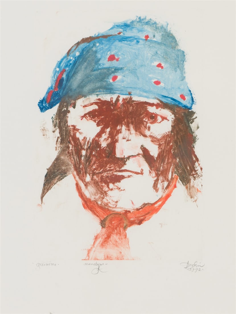 Leonard Baskin Geronimo, 1992: Leonard Baskin (American, 1922-2000) Geronimo, 1992 Monotype on paper 22.25 x 17 (in) 32.5 x 25.5 x 1 (in) Framed Signed and dated in pencil Baskin 1992, lower right Plate measures 17.625 x 11.75 (in)