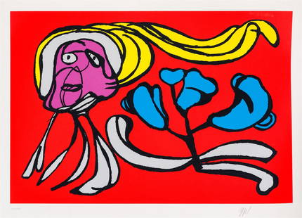 Karel Appel Floating Flower Passion (Red), 1978: Karel Appel (Dutch, 1921-2006) Floating Flower Passion (Red), 1978 Serigraph with silver foil on paper ed. 44 of 100 29.75 x 41 (in) Signed in pencil Appel, lower right Image measures 26 x 38 (in).