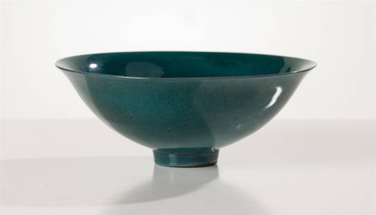 James Lovera Deep Green Bowl #1377: James Lovera (American, 1920-2015) Deep Green Bowl #1377 Porcelain 3.25 x 8 x 8 (in) Incised Lovera, bottom Notations on labels "JL 23" and "#1377," bottom.