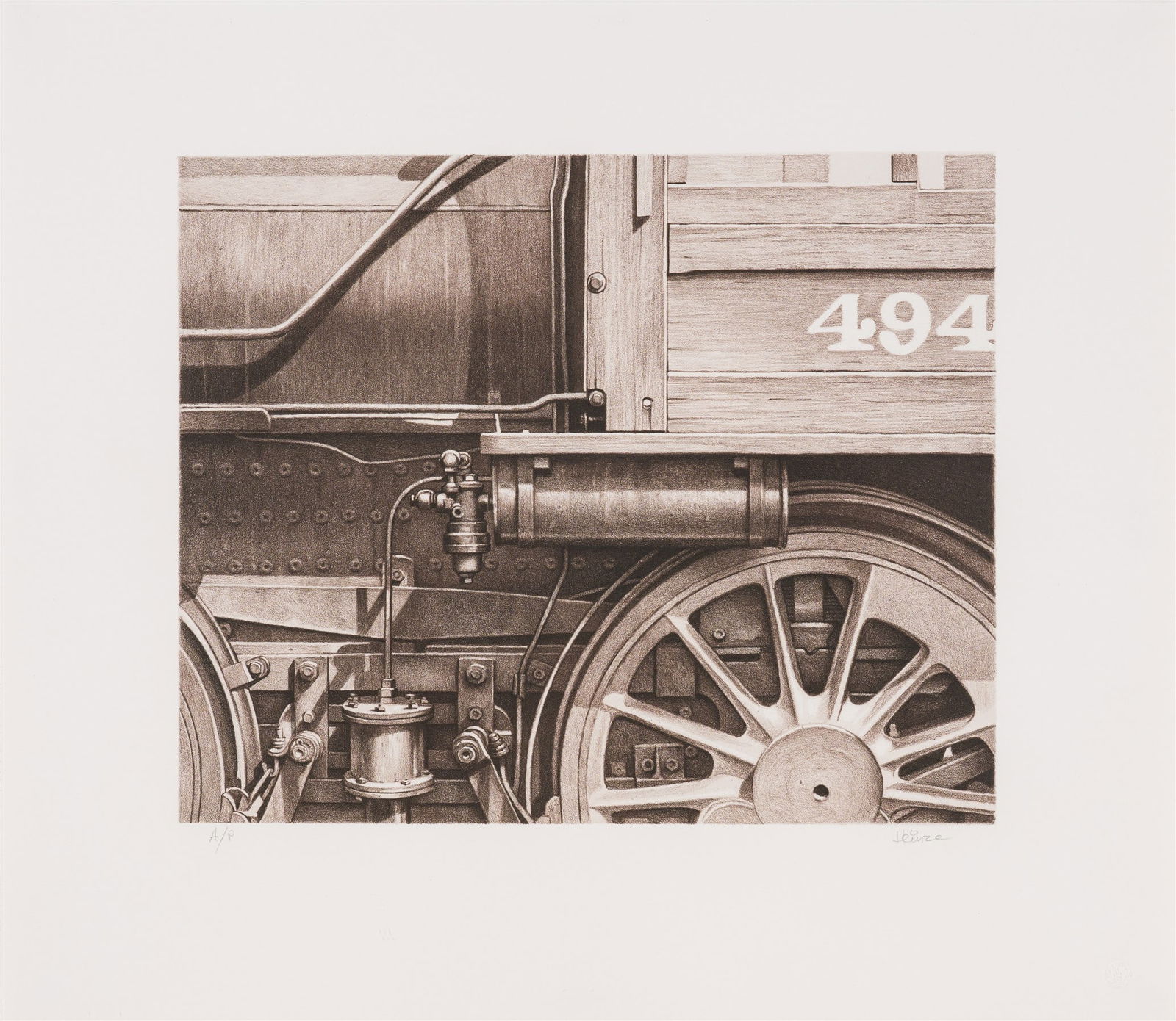 Gus Heinze Engine 494, 1999: Gus Heinze (Germany, b. 1926) Engine 494, 1999 Lithograph on Arches Cover Artist's Proof from an ed. of 40 21.25 x 24.5 (in) 26.25 x 29.25 x 1 (in) Framed Signed in pencil Heinze, lower right Image me