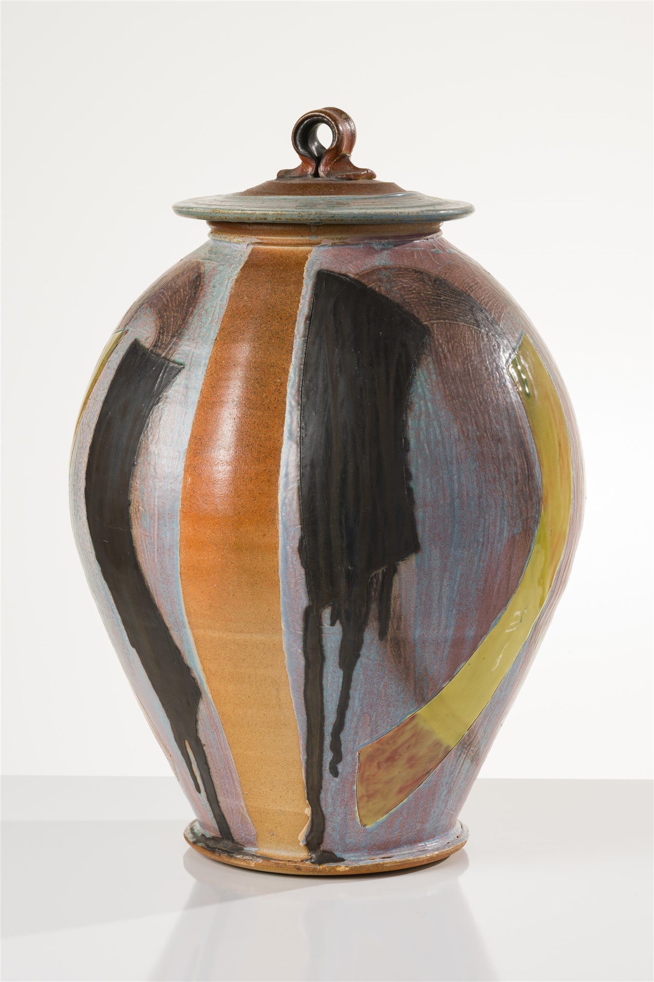 Josh DeWeese Lidded Brown, Black & Pink Jar: Josh DeWeese (American, b. 1963) Lidded Brown, Black & Pink Jar Ceramic with glaze 27.25 x 18.5 x 17.5 (in) Artist's stamp, base Provenance: Collection of Midge and Jerry Golner, Phoenix, Arizona.