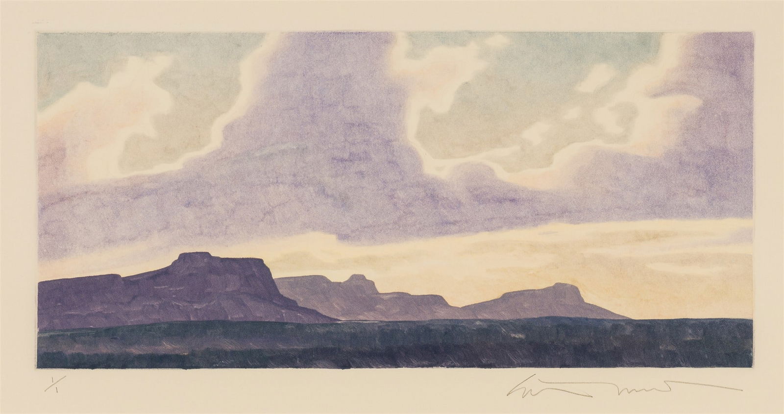 Ed Mell Evening Cloud Drift, 2000: Ed Mell (American, 1942-2024) Evening Cloud Drift, 2000 Monotype on paper ed. 1 of 1 8.5 x 16.25 (in) 19 x 26 x 1.25 (in) Framed Signed in pencil Ed Mell, lower right In original Ed Mell frame. Titled