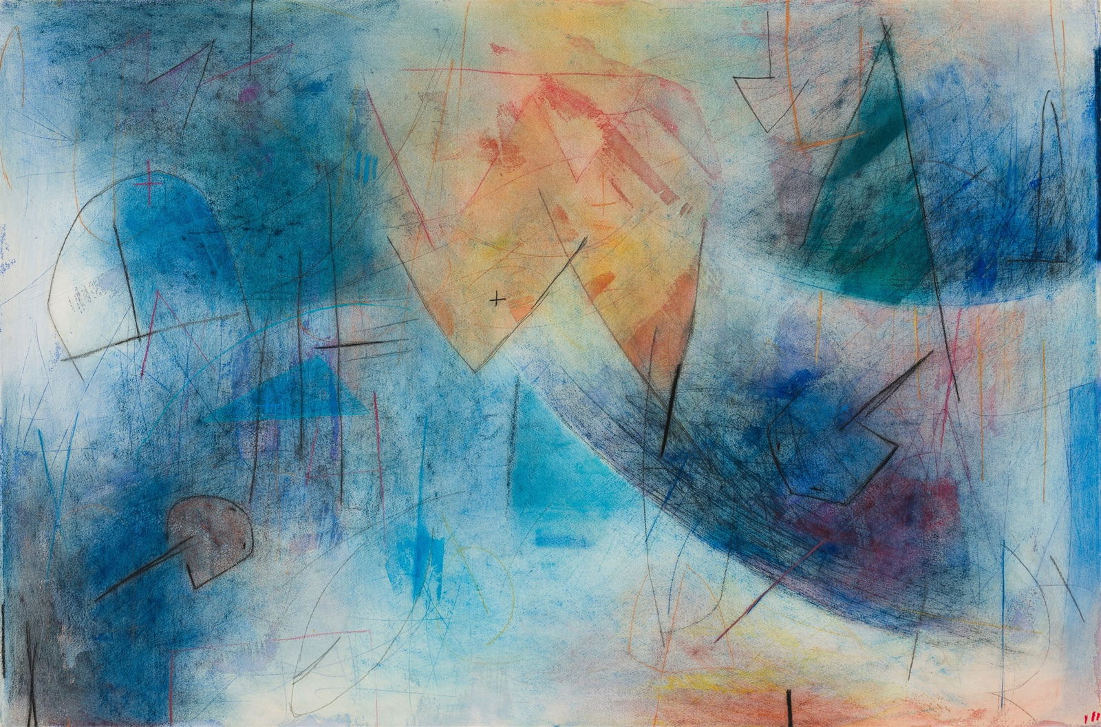 Emmi Whitehorse Kin Nah Zin with Marc's Crab: Emmi Whitehorse (Native American, b. 1957) Kin Nah Zin with Marc's Crab Mixed media on paper mounted on canvas 32 x 48.5 (in) 35.25 x 52 x 2 (in) Framed Signed III [artist's symbol], lower righ Proven