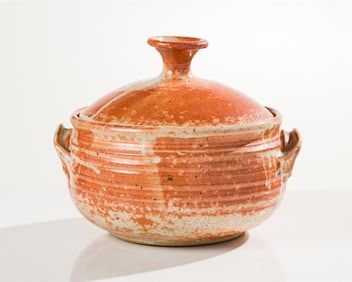 Kenneth Ferguson Lidded Orange Vessel with Handles (Holter)