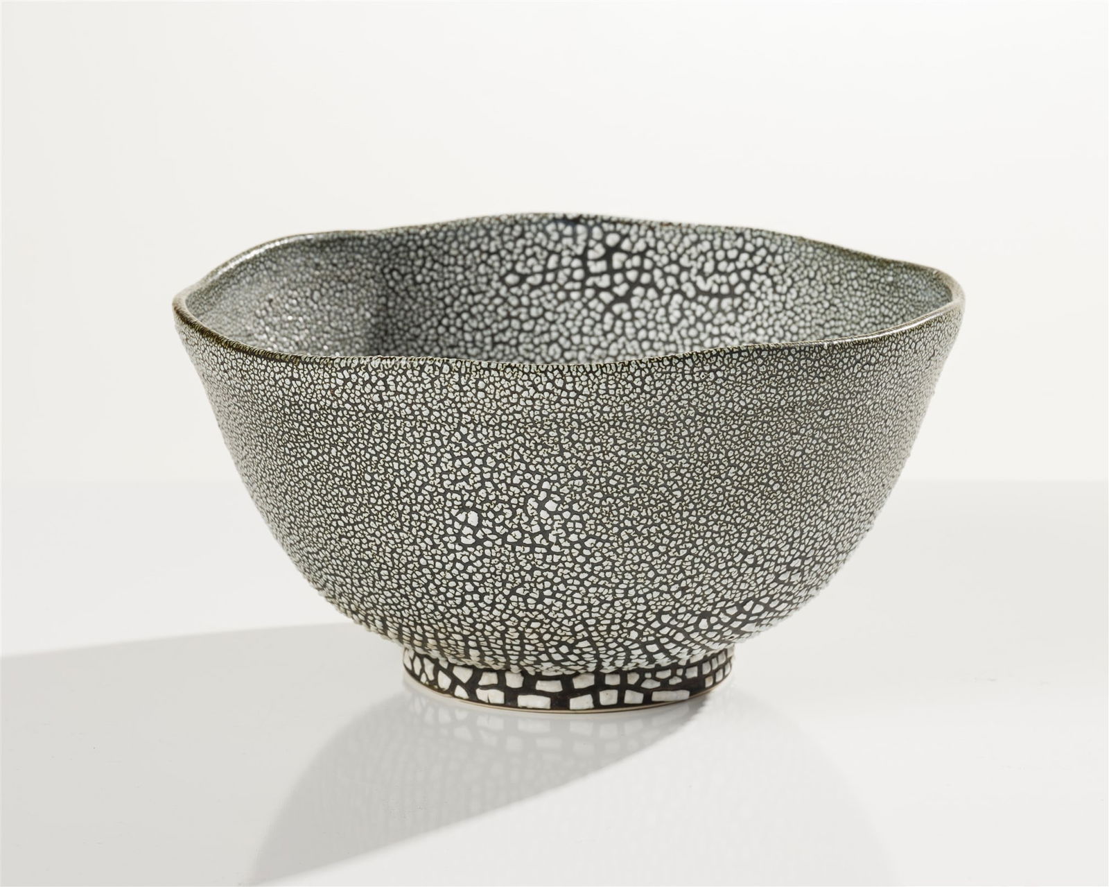 Kurt Weiser Black and White Speckled Bowl: Kurt Weiser (American, b. 1950) Black and White Speckled Bowl Earthenware with crackle glaze 4.75 x 9.25 x 9.75 (in) Incised Weiser, bottom Provenance: Collection of Midge and Jerry Golner, Phoenix, A