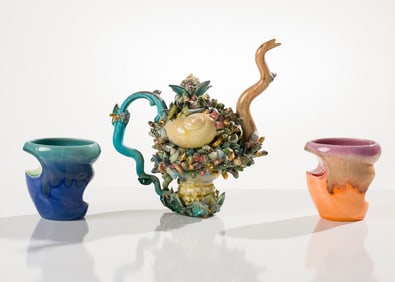 Susan Beiner Teapot with (2) Mugs