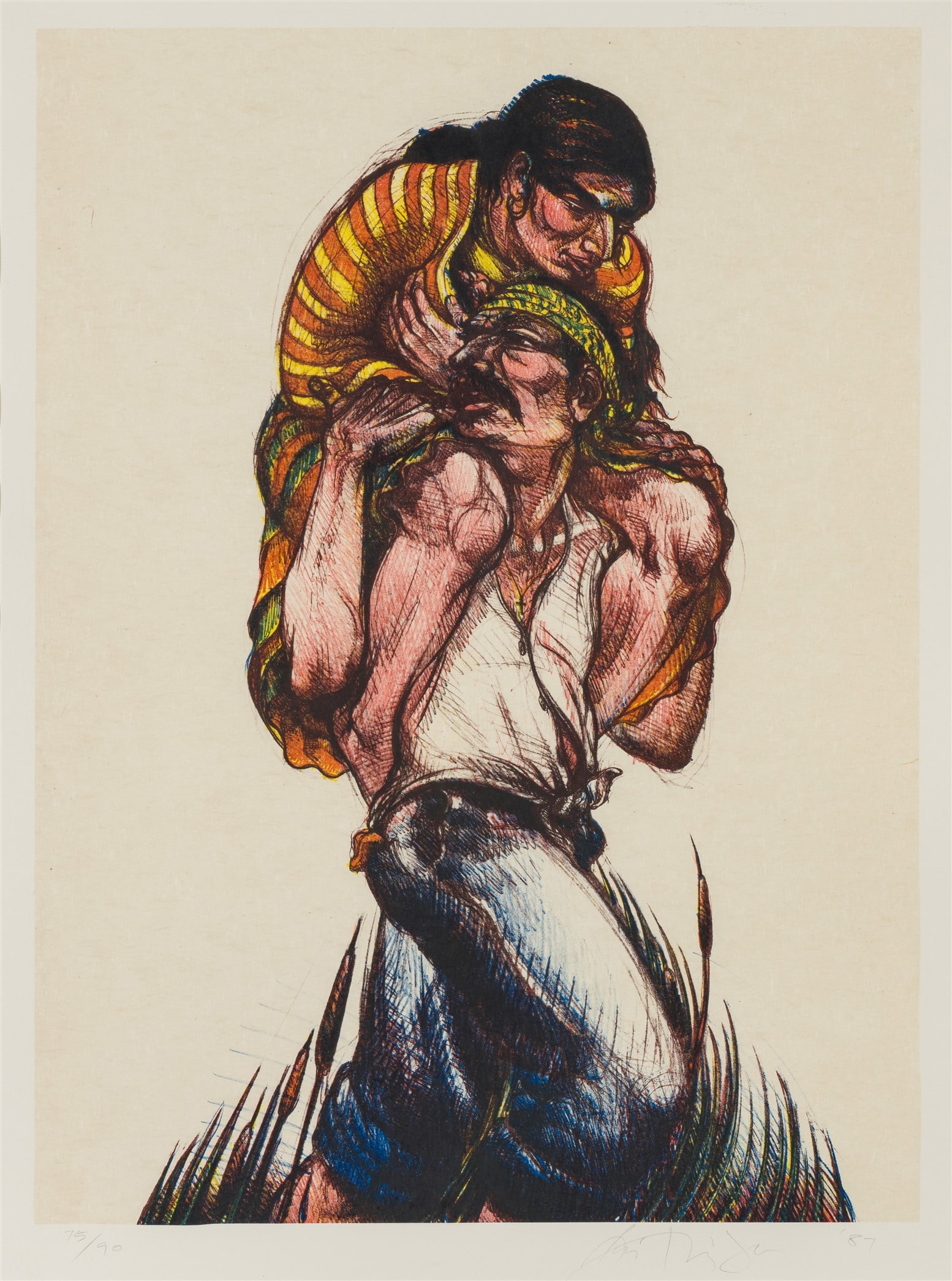 Luis Jiménez Cruzando el Rio Bravo (Border Crossing), 1987: Luis Jiménez (American, 1940-2006) Cruzando el Rio Bravo (Border Crossing), 1987 Lithograph on chine collé mounted on paper ed. 75 of 90 33.5 x 24.75 (in) 41.25 x 32.25 x 1.25 (in) Framed Signed and
