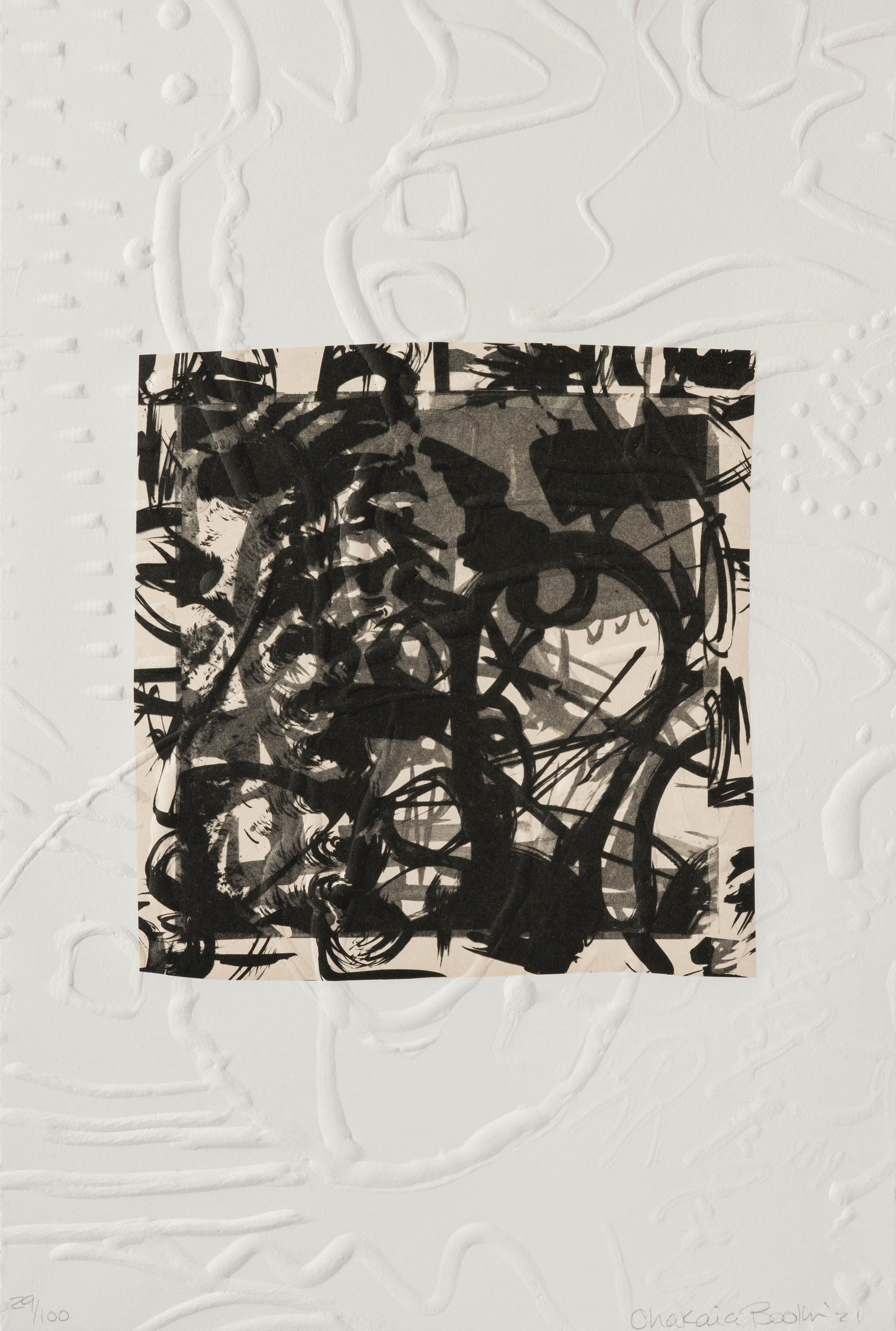 Chakaia Booker Untitled (CB. 121), 2021: Chakaia Booker (American, b. 1953) Untitled (CB. 121), 2021 Lithograph and chine collé on embossed paper ed. 29 of 100 21 x 14 (in) Signed and dated in pencil Chakaia Booker '21, lower right Lot