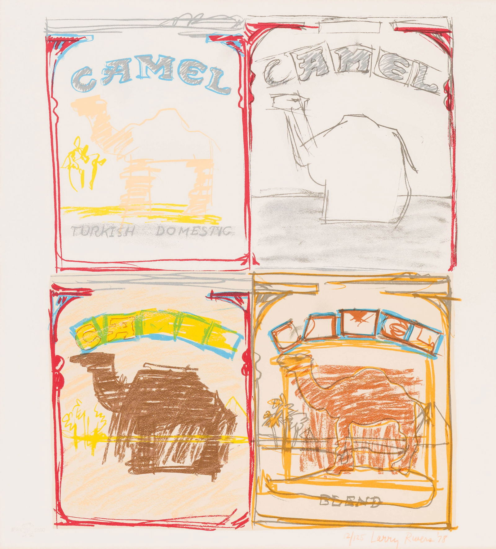 Larry Rivers Camel Quartet, 1978: Larry Rivers (American, 1923-2002) Camel Quartet, 1978 Lithograph and screenprint on white wove paper ed. 12 of 125 22 x 20 (in) 28.75 x 26.75 x 1.25 (in) Framed Signed and dated in colored pencil Lar