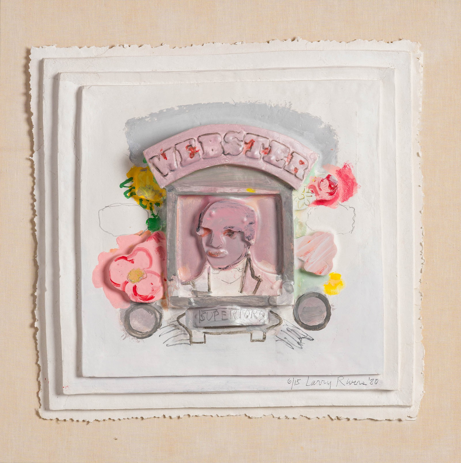 Larry Rivers Webster's Birthday Cake, 1980: Larry Rivers (American, 1923-2002) Webster's Birthday Cake, 1980 Cast paper with hand-coloring in Plexiglas shadowbox frame ed. 6 of 15 19 x 20 x 4.5 (in) 24 x 24 x 5.75 (in) Framed Signed and dated i