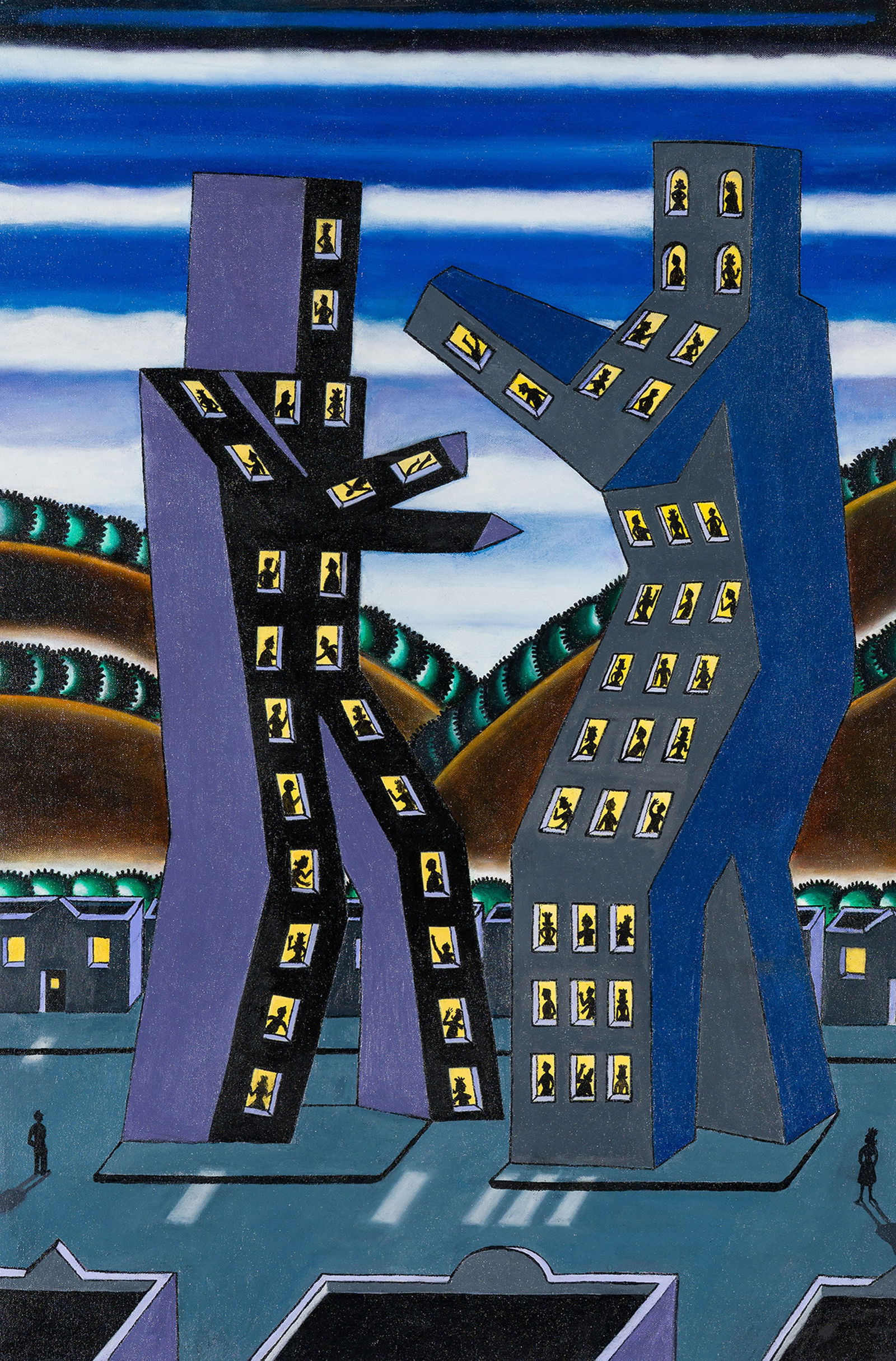 Roger Brown Postmodern Urban Fight: Roger Brown (American, 1941-1997) Postmodern Urban Fight Oil on canvas 36 x 24 (in) 38.5 x 26.5 x 1.25 (in) Framed Signed in pencil Roger Brown, verso Titled in pencil, verso.