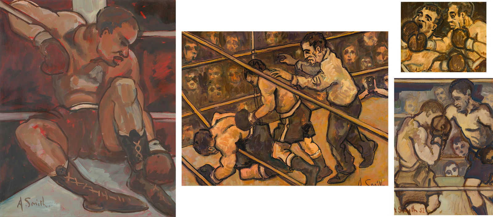 Arthur Smith (4) Boxing Scenes: Arthur Smith (American, 1897-1972) (4) Boxing Scenes (3) Oil on board; (1) Oil on paper mounted on cardboard 24 x 20 (in) 33.25 x 29.5 x 1.25 (in) Framed Signed A Smith, lower area of each work Dimens