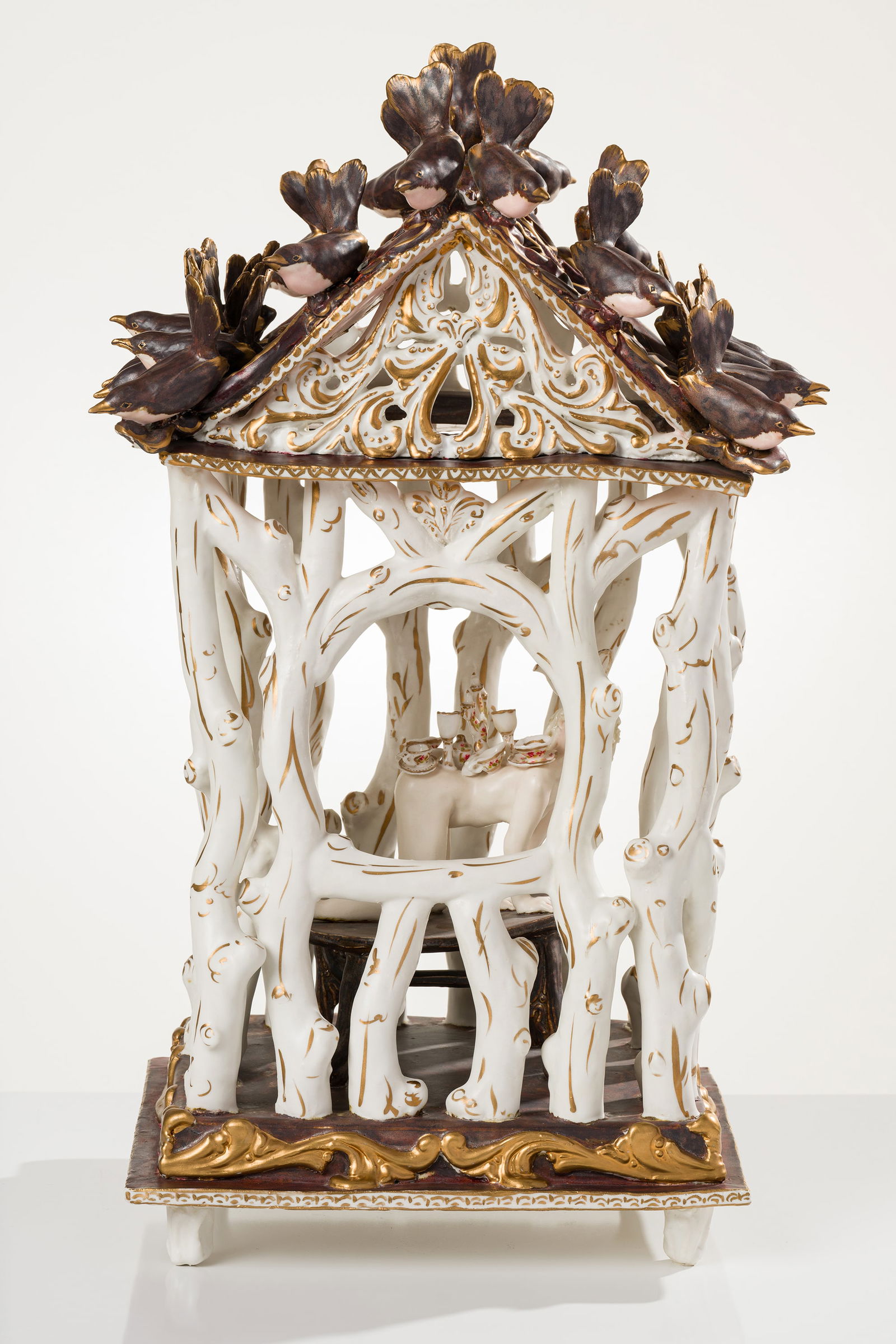 Chris Antemann Birdhouse with Nude as Table, 2006: Chris Antemann (American, b. 1970) Birdhouse with Nude as Table, 2006 Porcelain, decals, and luster 24.75 x 16 x 13 (in) Signed and dated Antemann 06, back Provenance: Collection of Midge and Jerry Go