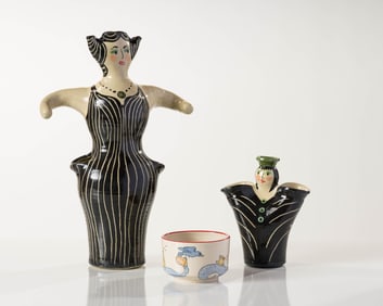 Richard & Penny Price Swanson (2) Women Planters & (1) Bowl with Birds
