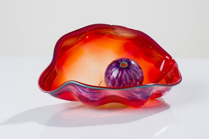 Dale Chihuly Violet and Carmine Red Seaform Set with Teal Lip Wraps (2 elements), 1988