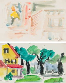Chaim Gross (2) Cityscape & House with Trees, 1940 & n.d.