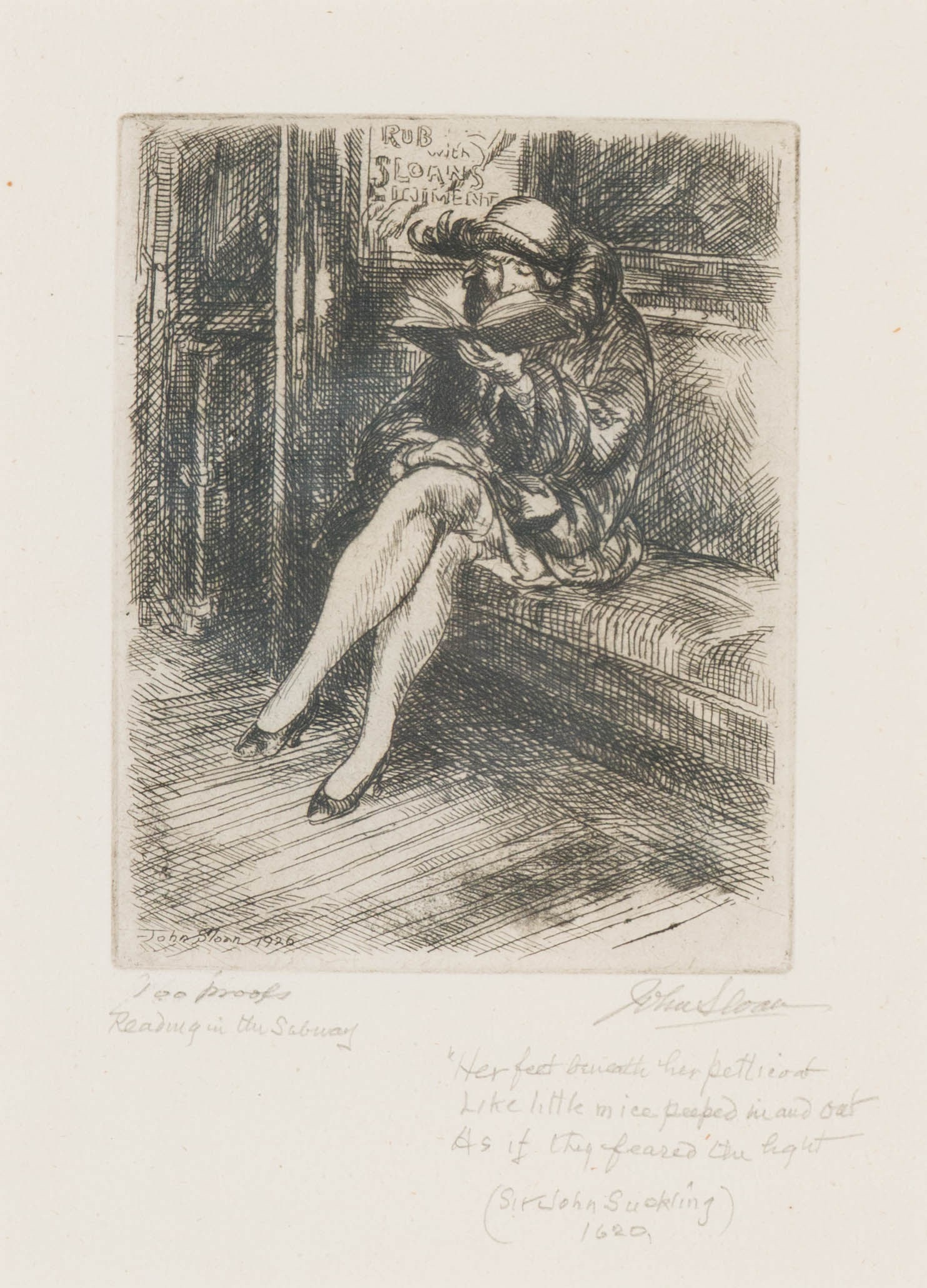 John Sloan Reading in the Subway, 1926: John Sloan (American, 1871-1951) Reading in the Subway, 1926 Etching on paper ed. of 100 proofs 7.5 x 5.5 (in) 20.75 x 15.75 x 1 (in) Framed Signed in pencil John Sloan, lower right Signed and dated i