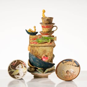 Julius Forzano Figure in Teacup Stack & (2) Bowls