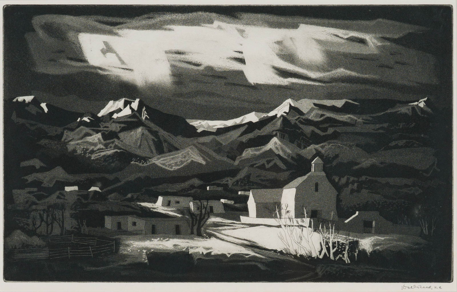 Doel Reed Picuris Pueblo Winter, 1954: Doel Reed (American, 1894-1985) Picuris Pueblo Winter, 1954 Aquatint on paper 10.5 x 16.25 (in) 18 x 23.75 x 0.75 (in) Framed Signed in pencil Doel Reed, N. A, lower right Plate measures 9.75 x 16 (in