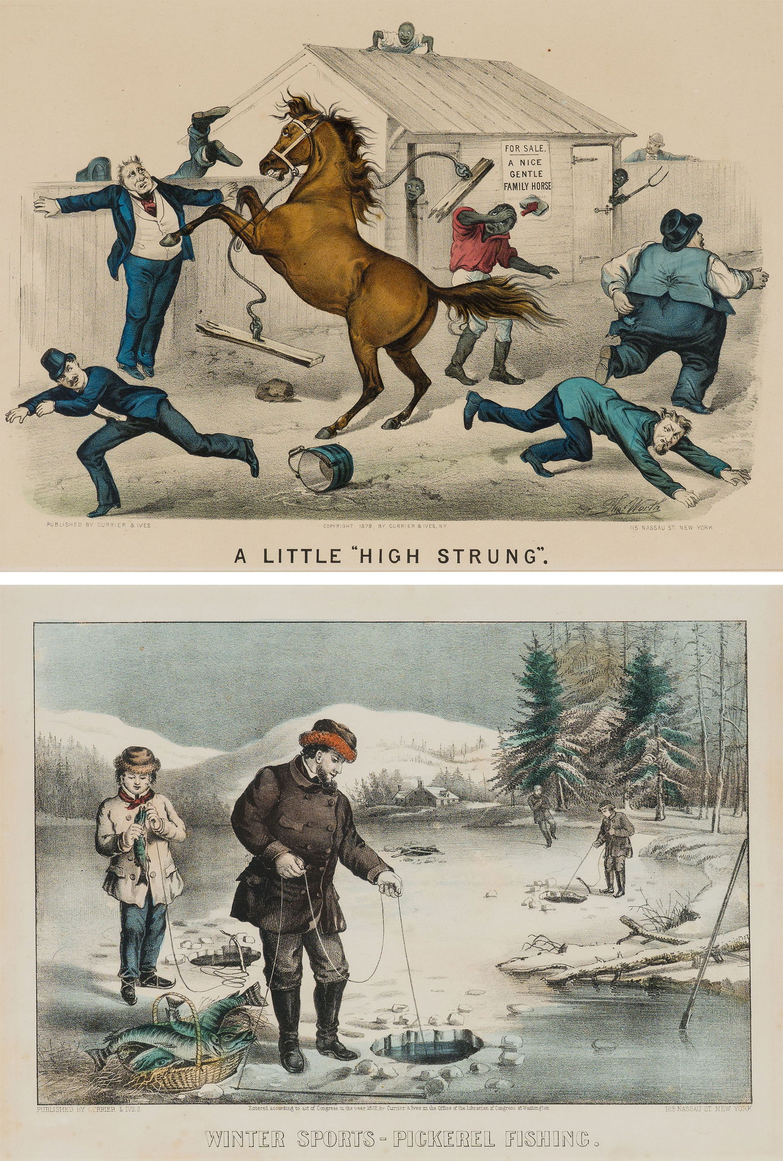 Nathaniel Currier & James Ives (2) A Little "High Strung" & Winter Sports - Pickerel Fishing, 1879 & (1 of 6)