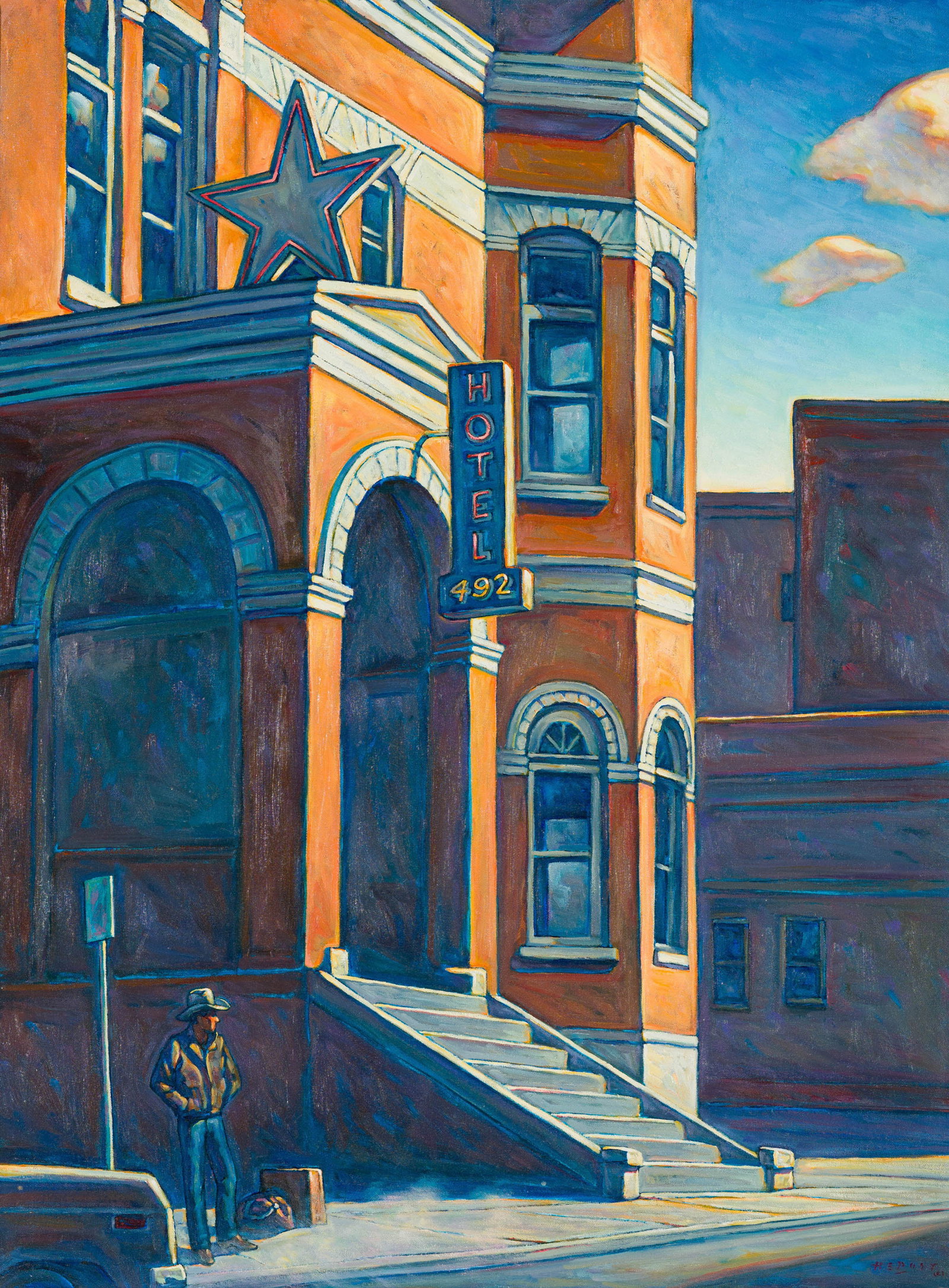 Howard Post Hotel 492: Howard Post (American, b. 1948) Hotel 492 Oil on canvas 40 x 30 (in) 47 x 37 x 1.5 (in) Framed Signed HE Post ©, lower right