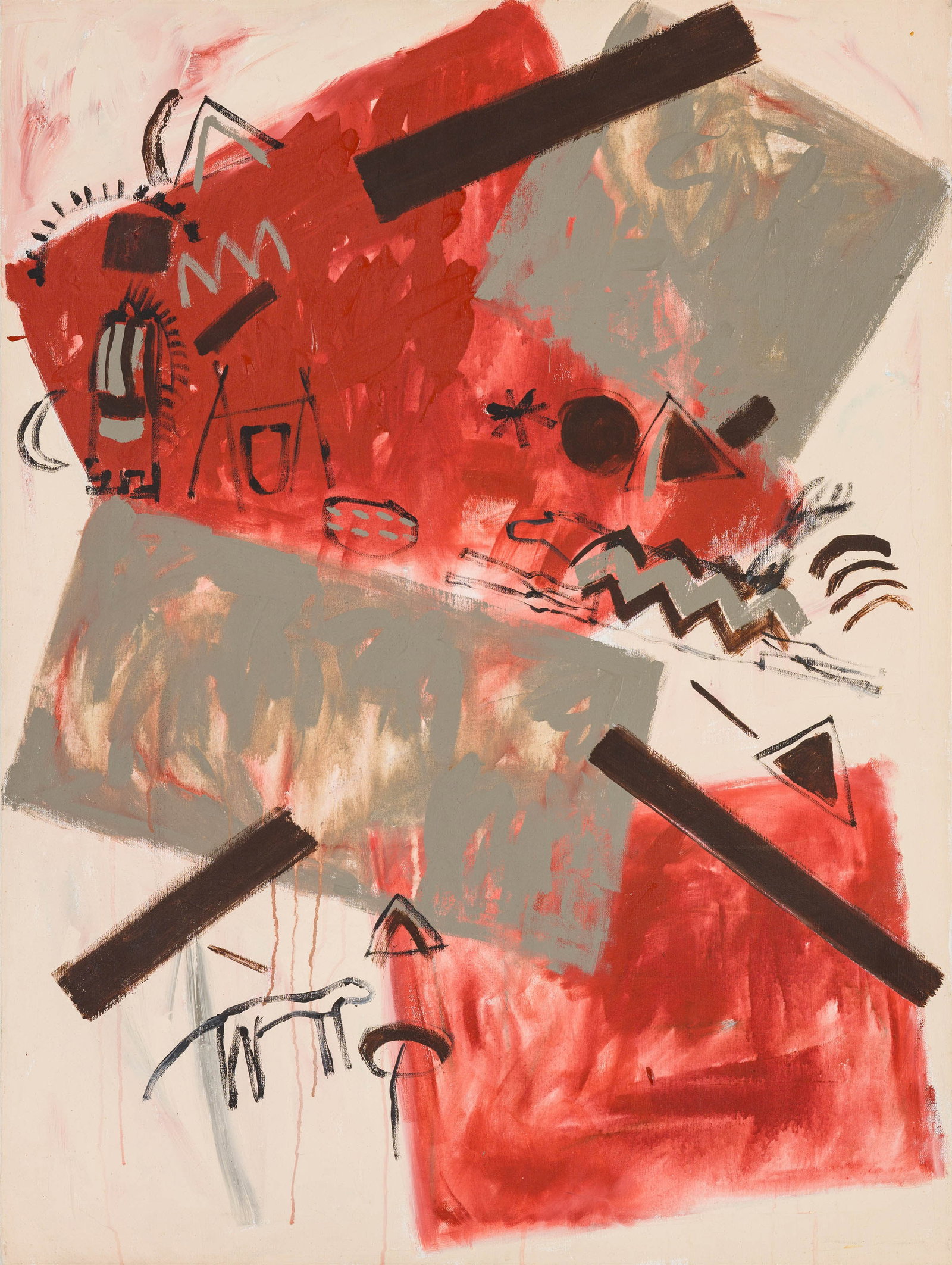 Jaune Quick-to-See Smith Canvas #15-A, 1980: Jaune Quick-to-See Smith (Native American, 1940-2025) Canvas #15-A, 1980 Oil on canvas 48 x 36 (in) Signed and dated Jaune S Smith 1980, verso Titled, verso.