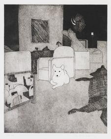 Fritz Scholder A Mirror Image of Felix the Dog in his New Home with Crocodile and Art Deco Chairs,