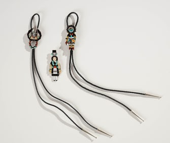 Andrew Dewa, Madeline Beyuka, and Unknown Artist (2) Zuni Bolo Ties & (1) Pin, (2) late 20th c. &