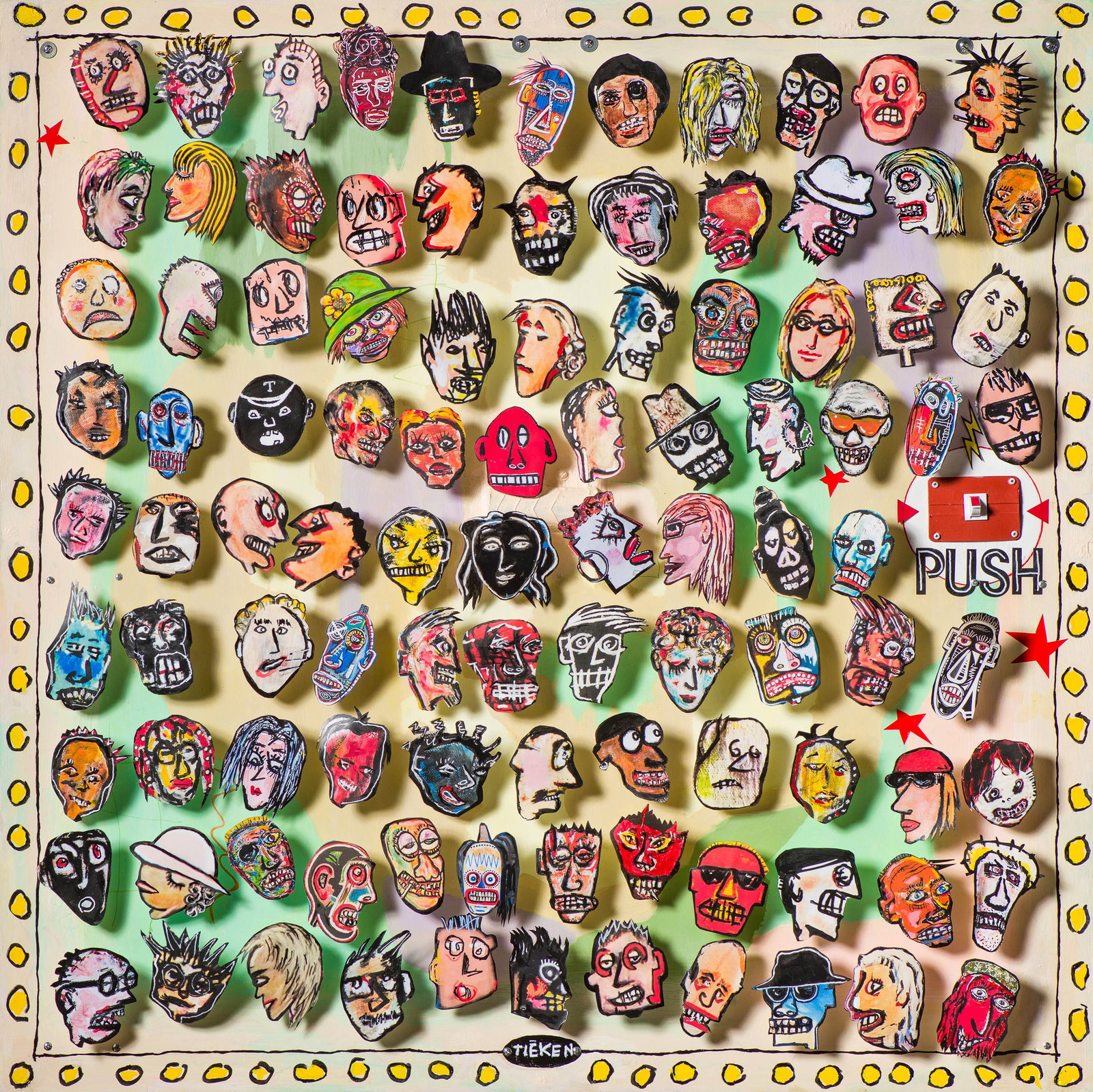 Fred Tieken One Hundred Vibrating Curators: Fred Tieken (American, 1935-2022) One Hundred Vibrating Curators Acrylic and paper images affixed to springs with motorized components on board 48 x 48 (in) Signed Tieken, lower middle $800 - $1,200 P