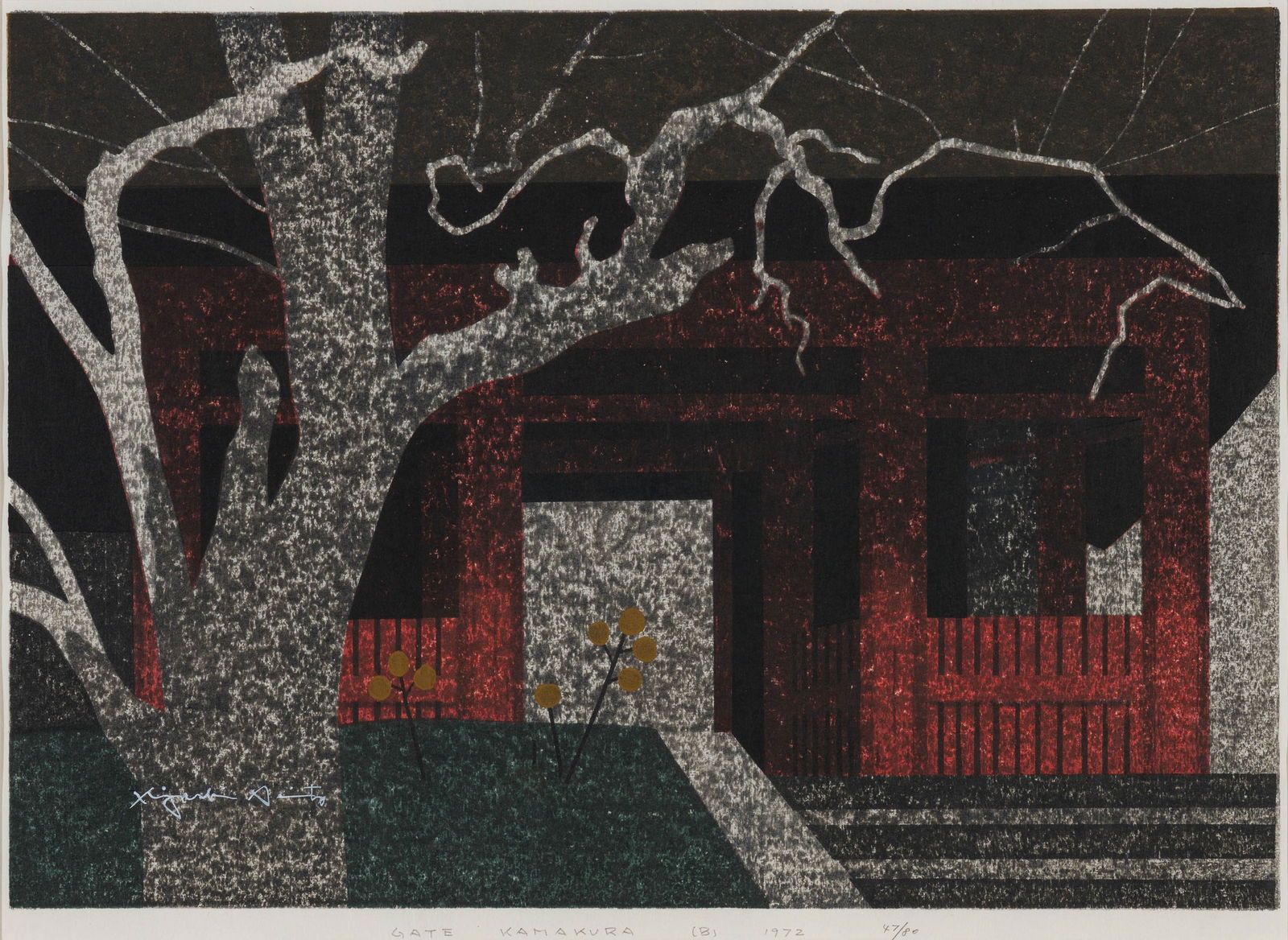 Kiyoshi Saito Gate Kamakura (B), 1972: Kiyoshi Saito (Japanese, 1907-1997) Gate Kamakura (B), 1972 Woodcut on paper ed. 47 of 80 15.5 x 21 (in) 22.5 x 28.5 x 0.75 (in) framed Signed Kiyoshi Saito, lower left $300 - $500 Titled and dated in