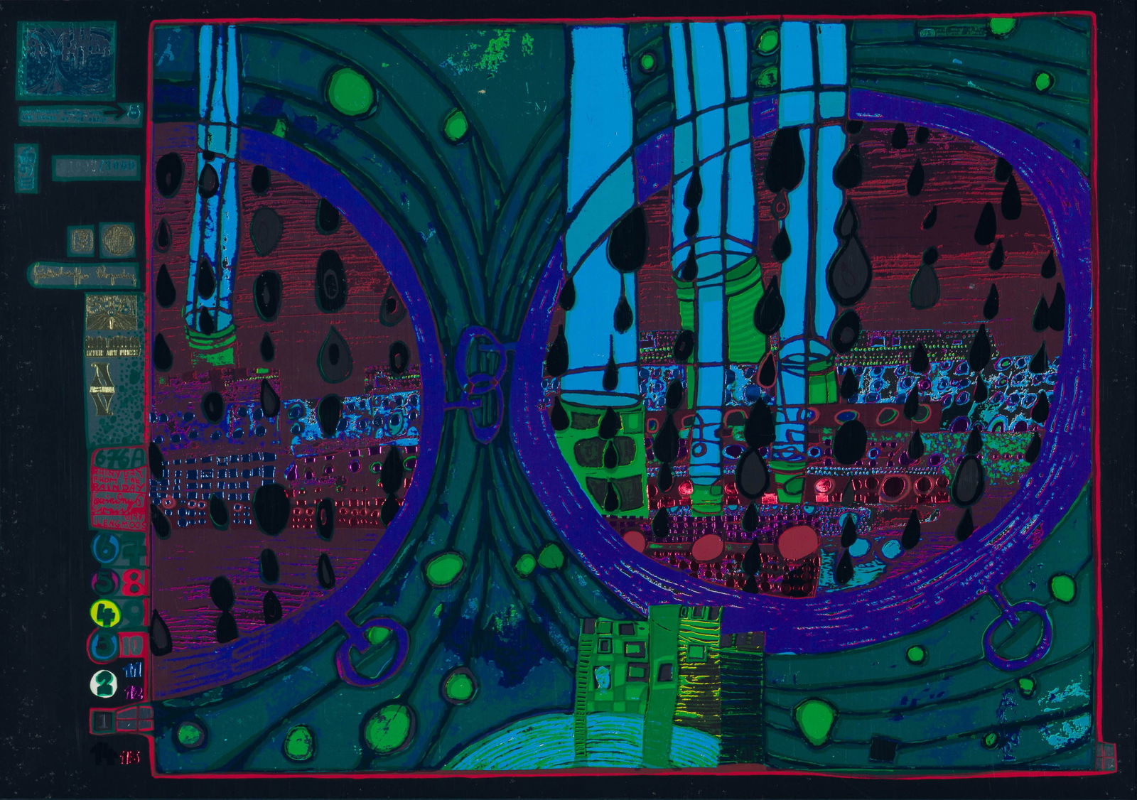 Friedensreich Hundertwasser A Rainy Day on the Regentag, 1971-2: Friedensreich Hundertwasser (Austrian, 1928-2000) A Rainy Day on the Regentag, 1971-2 Silkscreen with metal embossings on metallic cardboard ed. 1907 of 3000 18.25 x 26 (in) 29 x 35.75 x 0 (in) framed