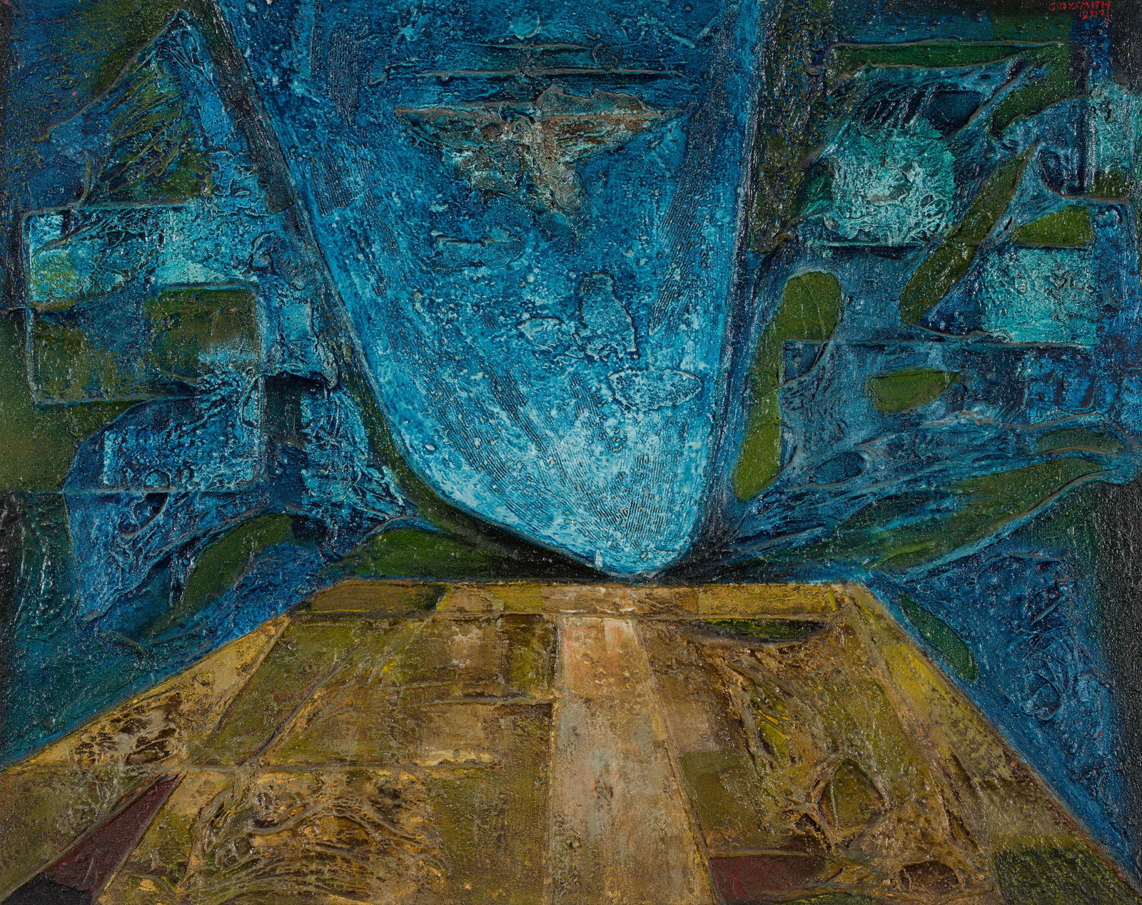 Toby Joysmith Untitled, 1964: Toby Joysmith (British, 1907-1983) Untitled, 1964 Acrylic and mixed media on board 35.5 x 45.25 (in) 39.5 x 49.25 x 1.25 (in) framed Signed and dated Joysmith 1964, upper right $800 - $1,000