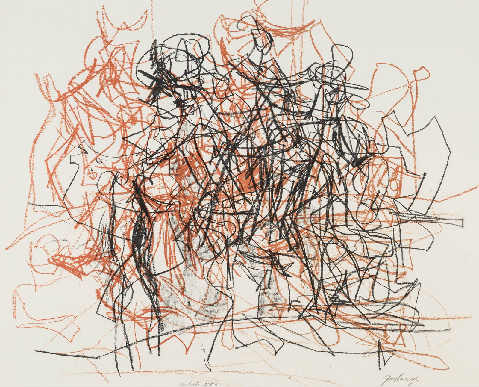 Robert Goodnough Horseman (Black; Sepia), c. 1960: Robert Goodnough (American, 1917-2010) Horseman (Black; Sepia), c. 1960 Lithograph on wove paper AP from an ed. of 75 23 x 29 (in) 32 x 37 x 1 (in) framed Signed in pencil goodnough, lower right $500