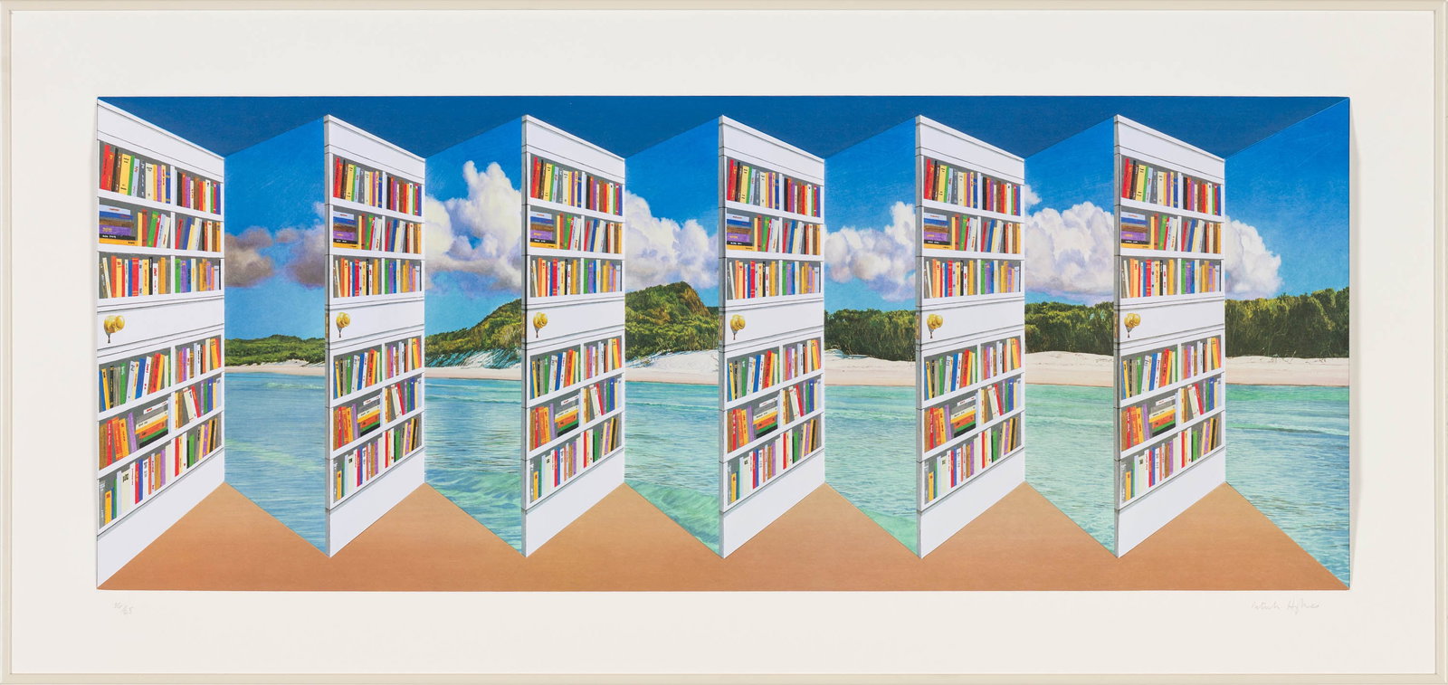 Patrick Hughes Library Doors, 2004: Patrick Hughes (British, b. 1939) Library Doors, 2004 3D lithograph with hand-coloring on paper in Perspex box ed. 36 of 45 18.25 x 38.25 x 6 (in) Signed in pencil Patrick Hughes, lower right of mat $