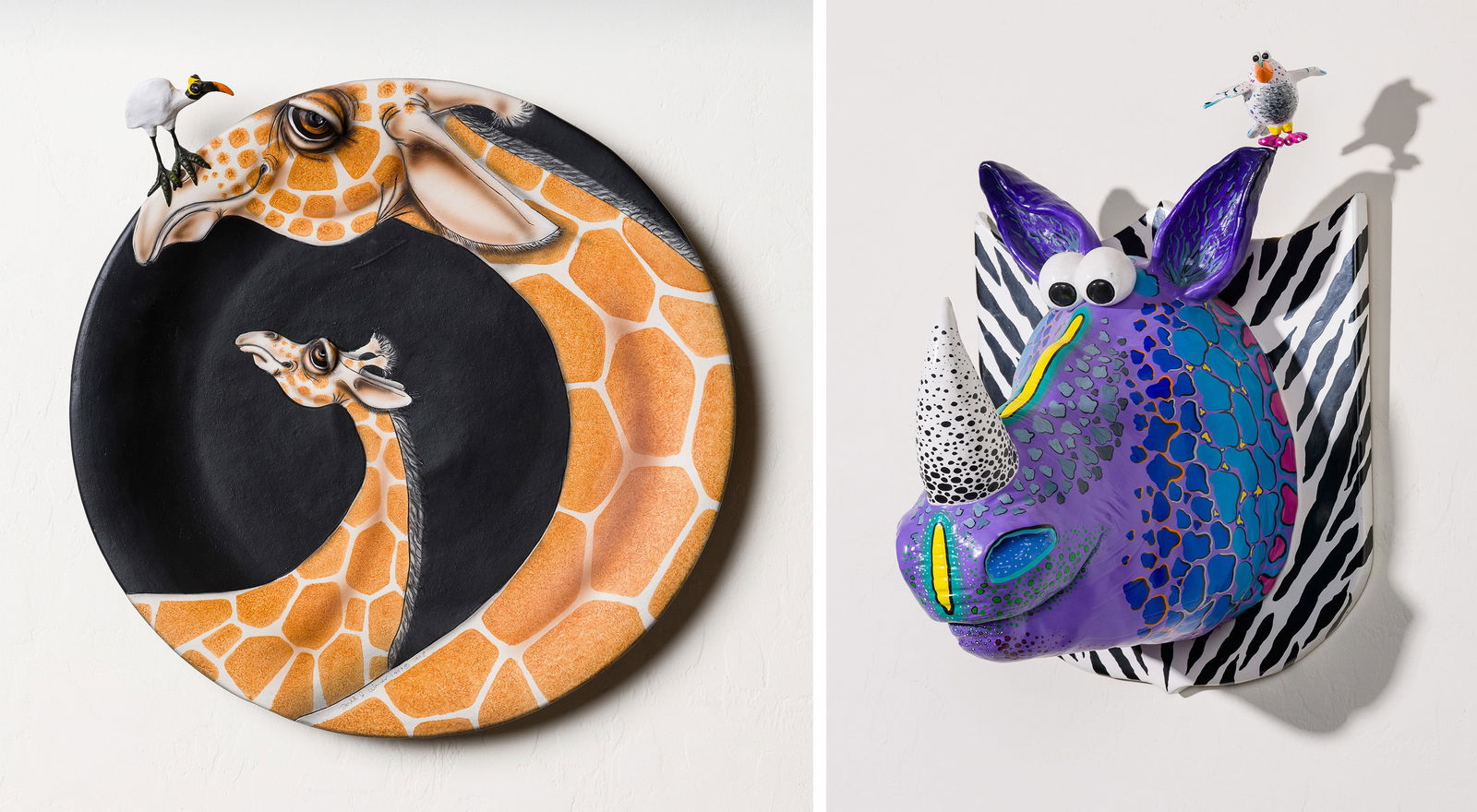 Todd Warner & Christopher Tully (2) Giraffes with Bird & Rhinoceros, 1997-8 & n.d.: Todd Warner & Christopher Tully (American, b. 1945; 20th century) (2) Giraffes with Bird & Rhinoceros, 1997-8 & n.d. Glazed ceramic & Mixed media on wooden mount ed. 2 of 45 20.75 x 23 x 3.5 (in) Sign