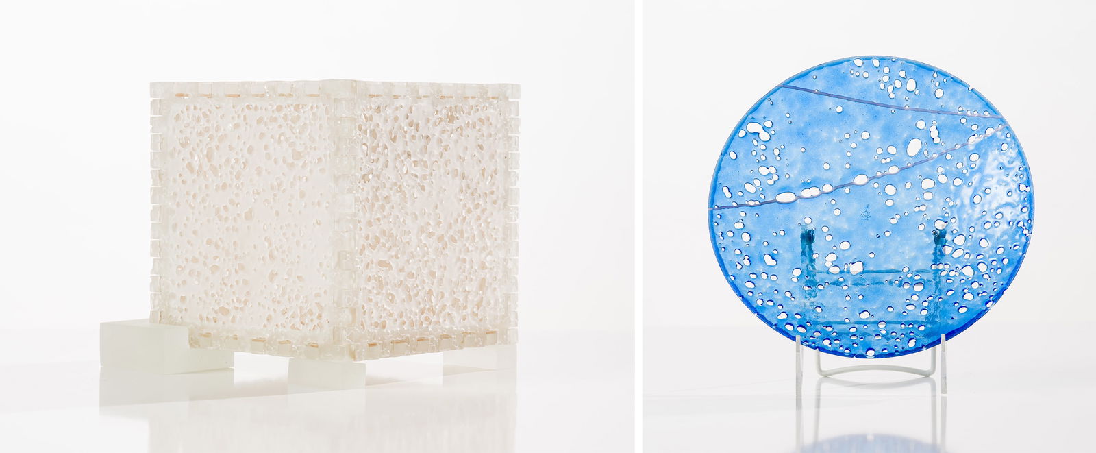 Karen Bexfield (2) White Cube & Blue Dish: Karen Bexfield (American, b. 1970) (2) White Cube & Blue Dish Kiln-formed glass 8 x 7.5 x 7.5 (in) Incised K Bexfield, bottom of each work $500 - $1,000 Dimensions reflect the largest work, White Cube