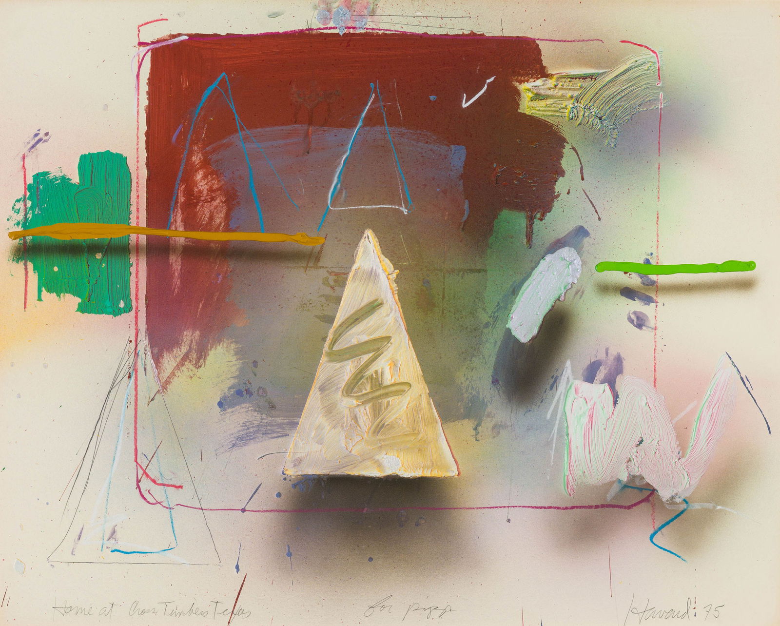 James Havard Home at Cross Timber's Texas, 1975: James Havard (American, 1937-2020) Home at Cross Timber's Texas, 1975 Mixed media on ragboard 32 x 38 (in) 38.25 x 46 x 1.5 (in) framed Signed and dated in pencil Havard 75, lower right $3,000 -
