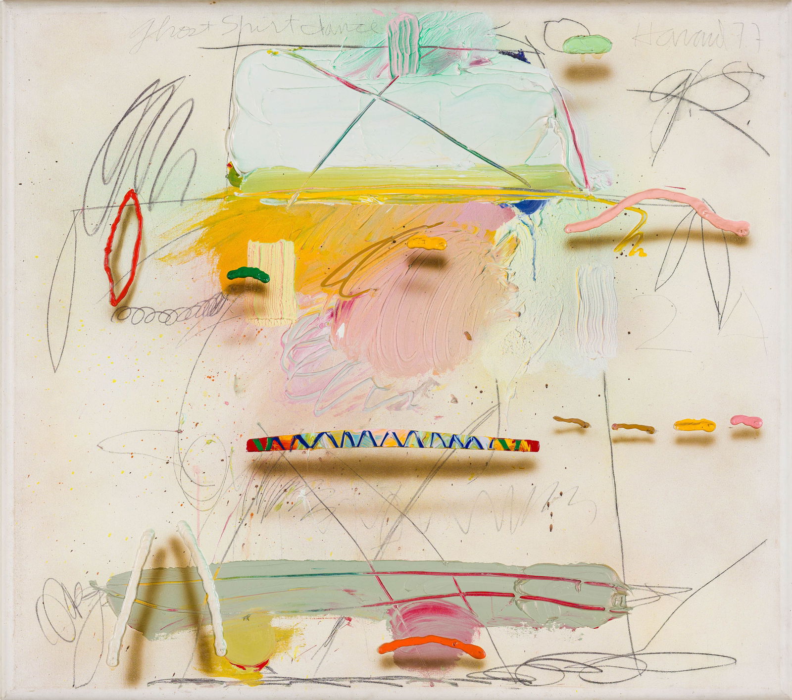 James Havard Ghost Shirt Dance, 1977: James Havard (American, 1937-2020) Ghost Shirt Dance, 1977 Acrylic and collage on canvas 48 x 54 (in) Signed and dated Havard 77, upper right $5,000 - $8,000 Titled, upper middle. Signed, titled,