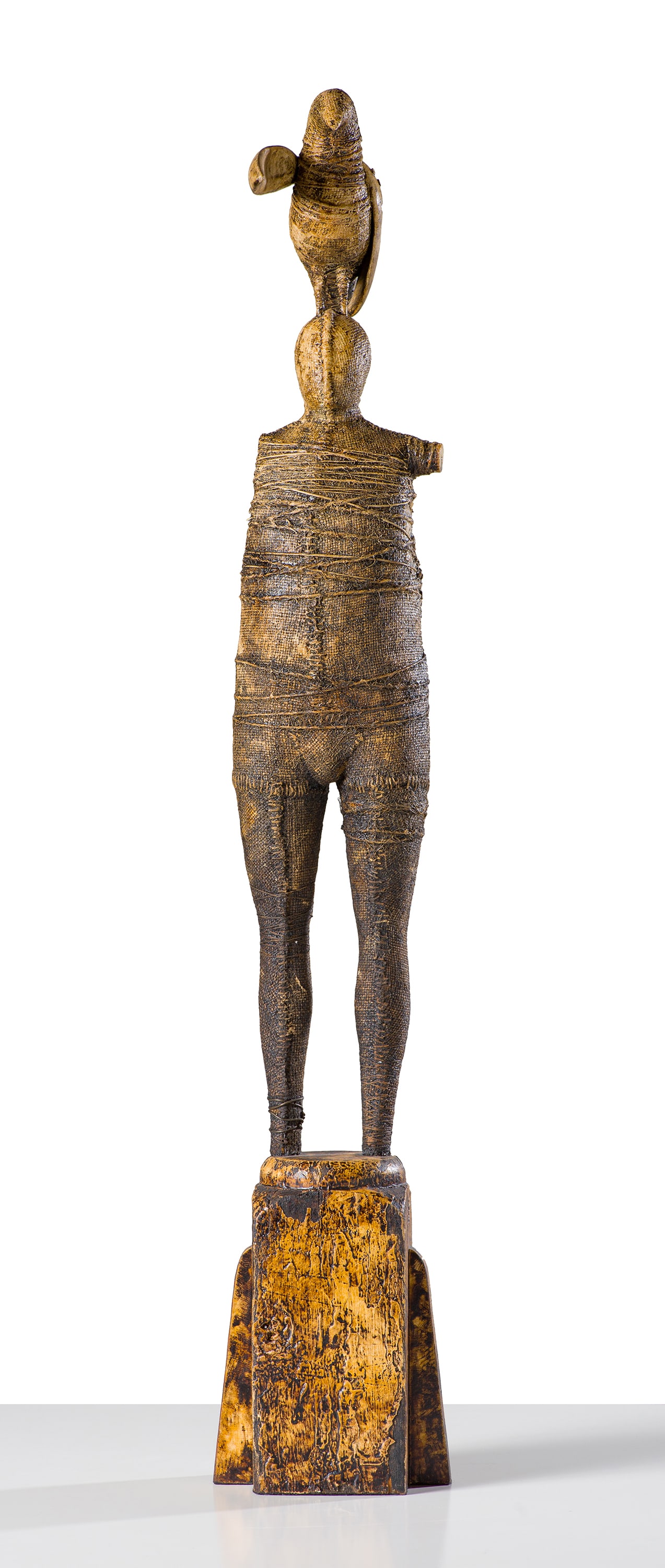 Rand Clinton Smith Forward: Rand Clinton Smith (American, 20th Century) Forward Wood, burlap, and mixed media 39.5 x 9.5 x 7 (in) Incised Rand Clinton Smith, bottom $500 - $1,000 Provenance: Estate of Private Collectors,