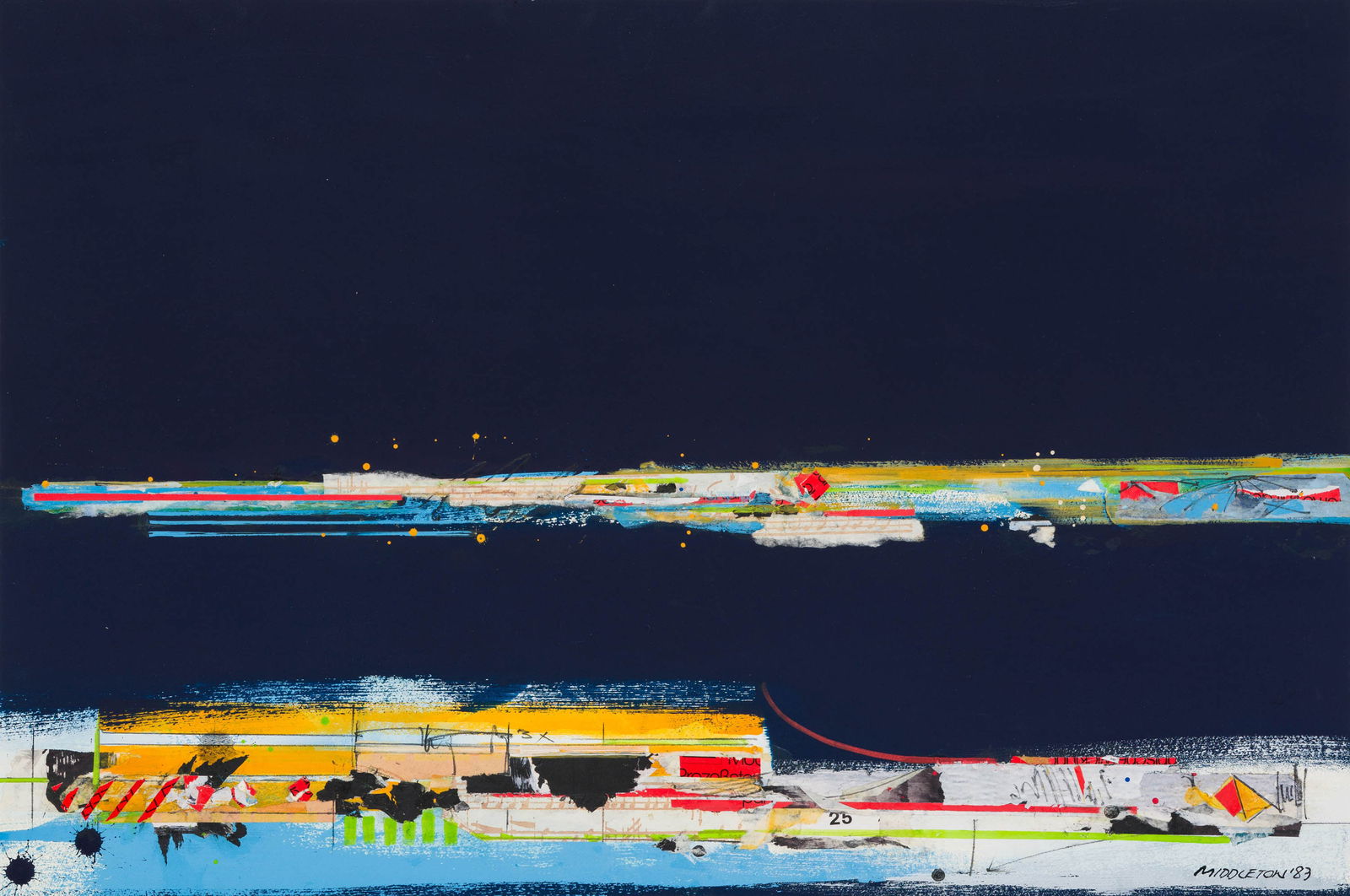 Sam Middleton Black Rhythm, 1983: Sam Middleton (American, 1927-2015) Black Rhythm, 1983 Mixed media with collage on paper 20.25 x 30.5 (in) Signed and dated Middleton '83, lower right $2,000 - $4,000