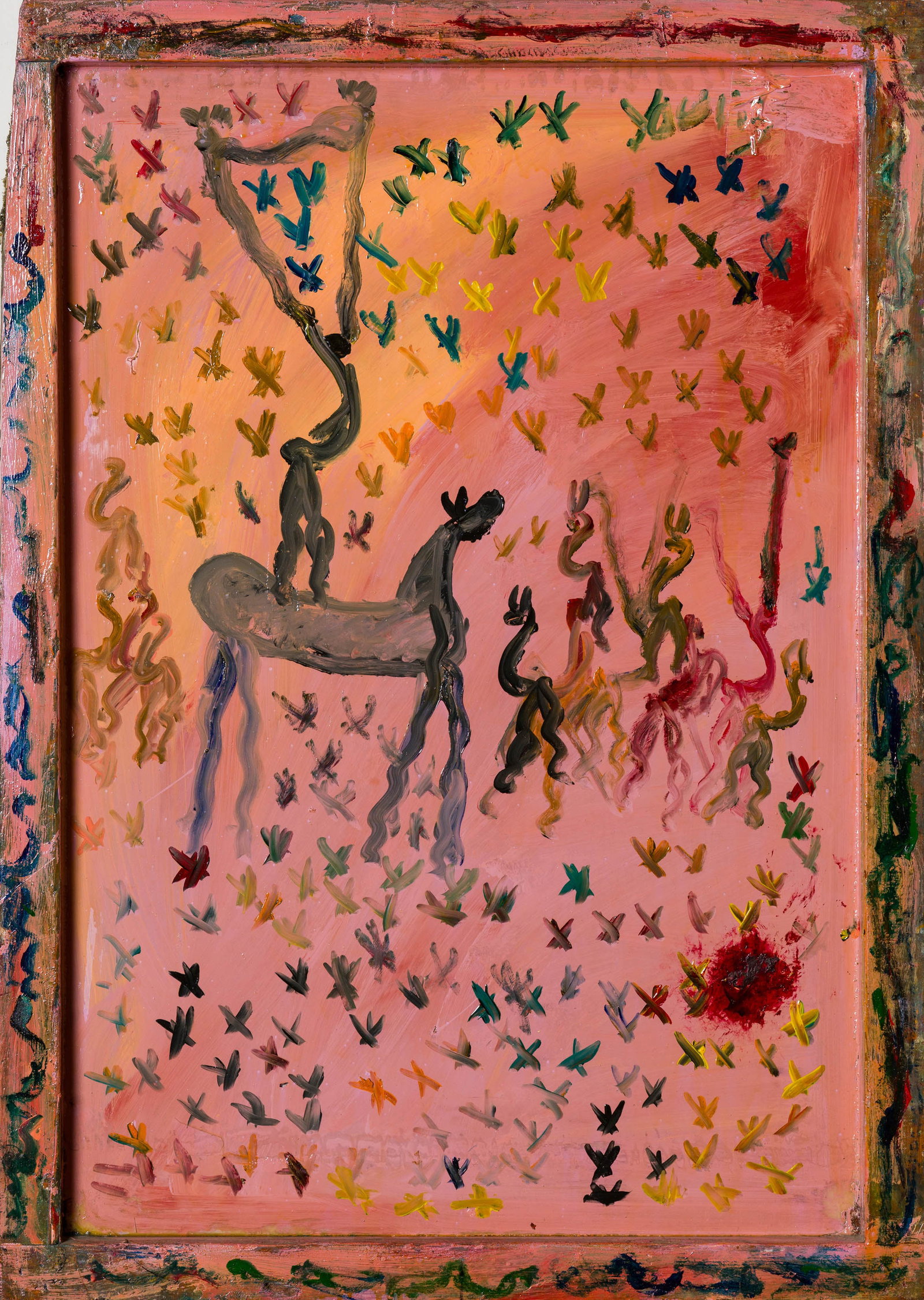 Purvis Young Untitled (Pink Landscape): Purvis Young (American, 1943-2010) Untitled (Pink Landscape) Mixed media on plastic with duct tape in artist's frame 42 x 29 x 1.5 (in) Signed Young, upper right $2,000 - $4,000