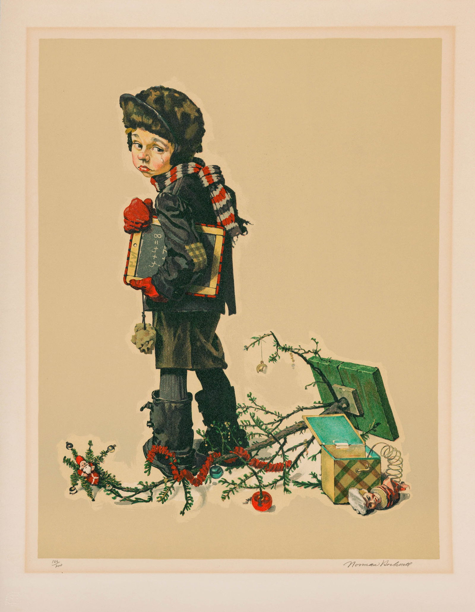 Norman Rockwell After Christmas (Little Boy Holding Chalkboard), 1976: Norman Rockwell (American, 1894-1978) After Christmas (Little Boy Holding Chalkboard), 1976 Lithograph on paper ed. 106 of 200 31 x 24 (in) Signed in pencil Norman Rockwell, lower right $500 -