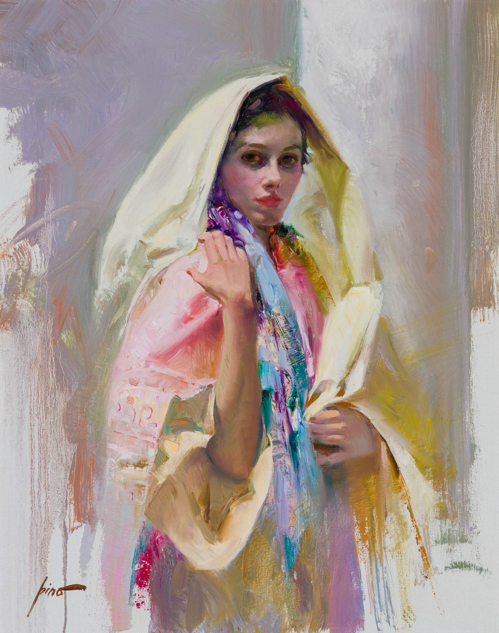 Giuseppe Pino Wrapped in Silk: Giuseppe Pino (Italian, American, 1939-2010) Wrapped in Silk Oil on canvas 30 x 24 (in) 42.25 x 36.25 x 2.25 (in) framed Signed Pino, lower left $8,000 - $12,000 GFA gallery tag, verso. Titled on labe