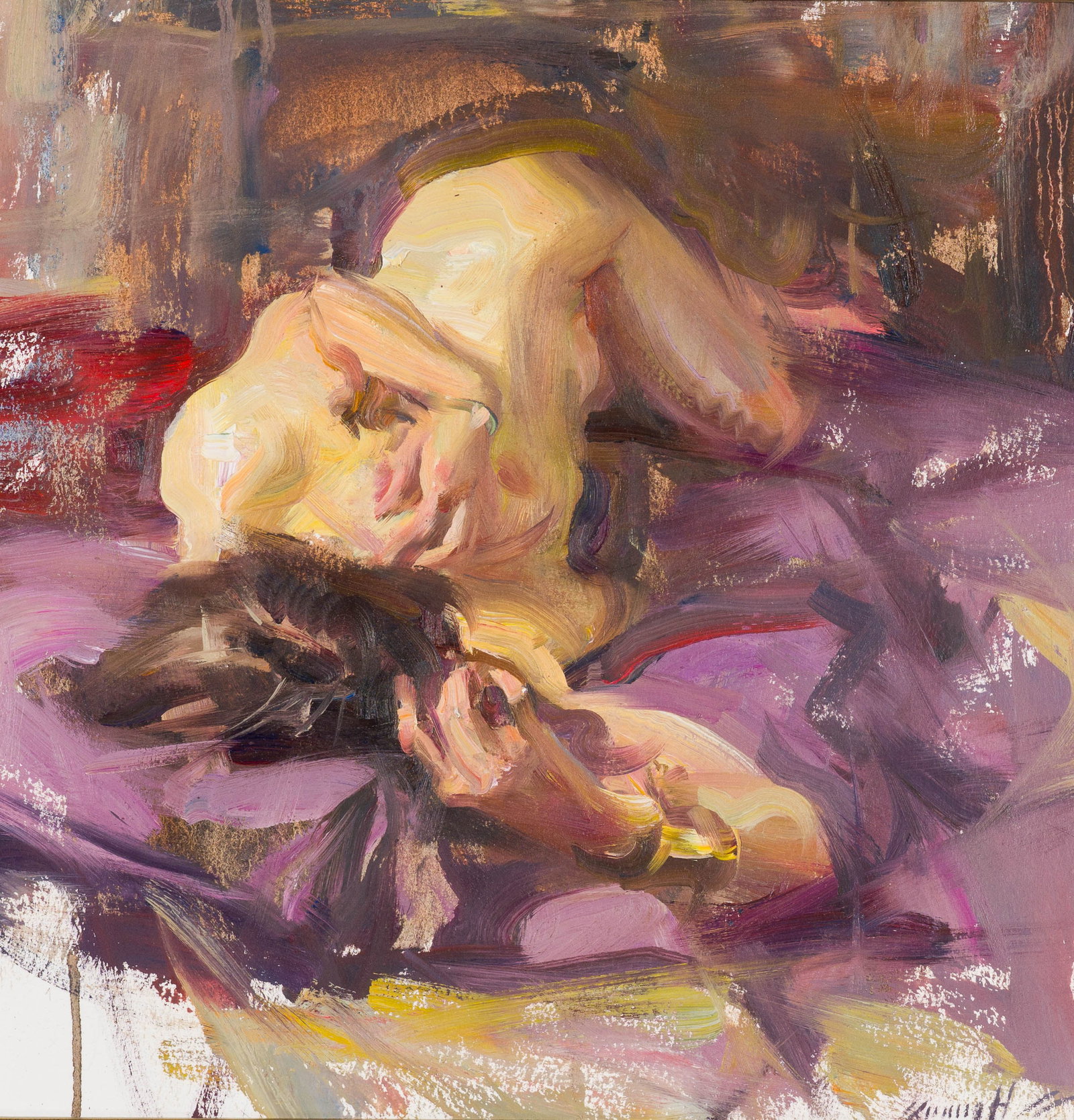 Quang Ho Untitled (Woman Reclining): Quang Ho (Vietnamese, b. 1963) Untitled (Woman Reclining) Oil on paper mounted on board 12 x 12 (in) 21 x 21 x 2 (in) framed Signed Quang Ho, lower right $500 - $1,000