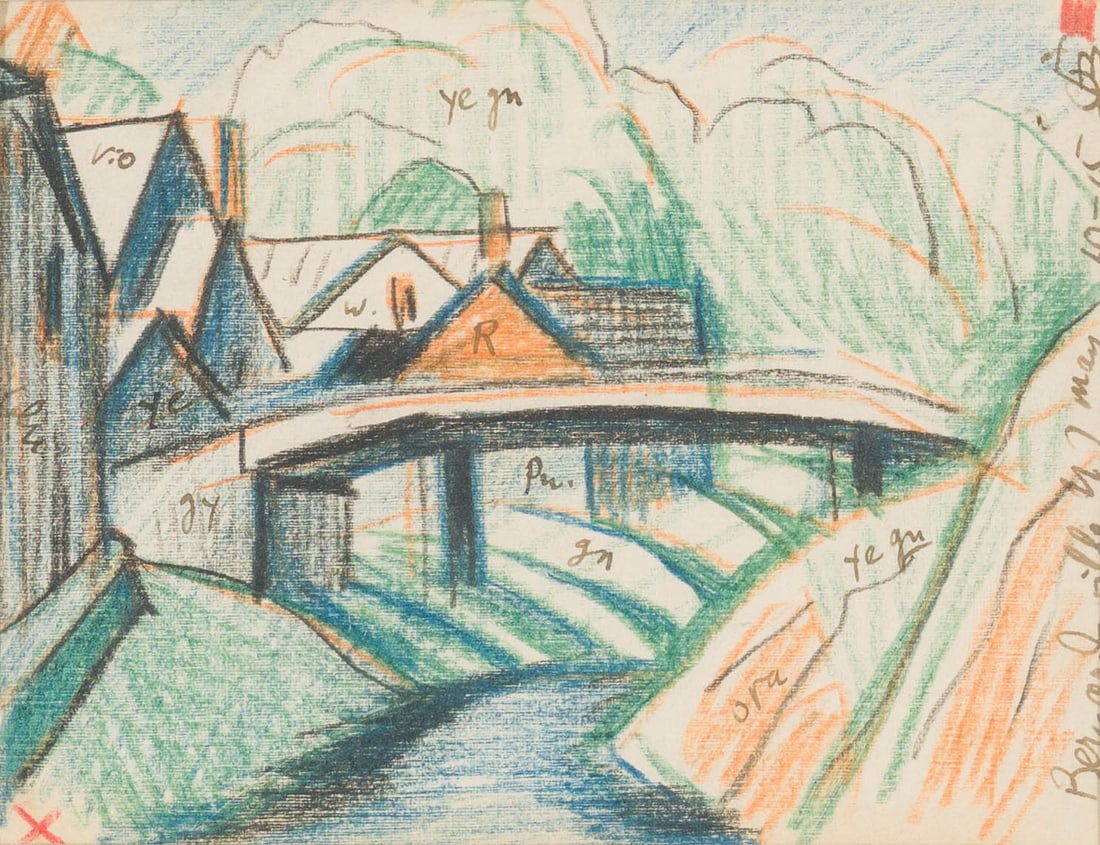 Oscar Bluemner Bernardsville, NJ, 1915: Oscar Bluemner (German, American, 1867-1938) Bernardsville, NJ, 1915 Crayon and ink on paper 4.25 x 5.5 (in) 10 x 11.25 x 1 (in) framed Initialed in pen OFB, upper right $1,000 - $2,000 Titled and dat