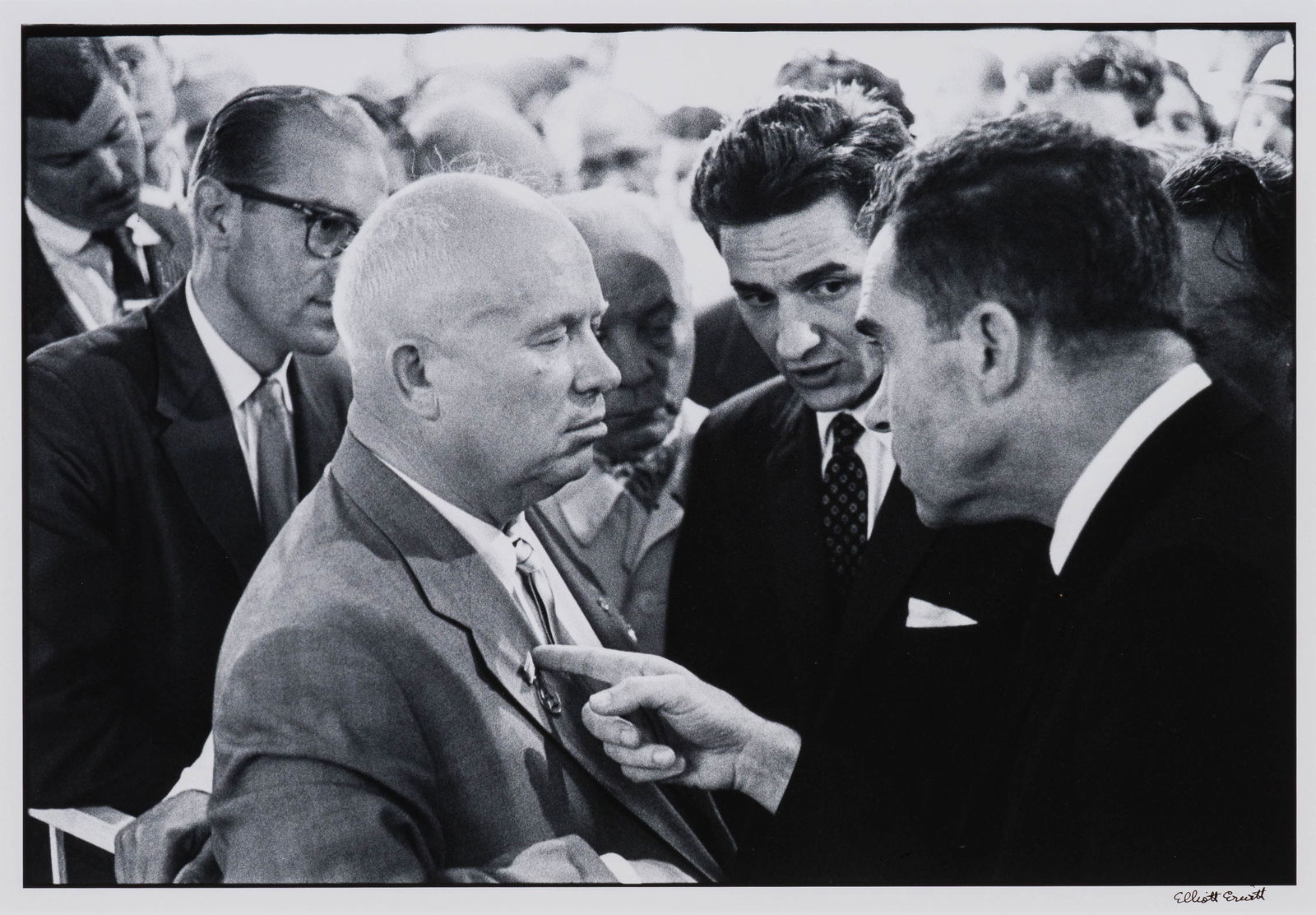 Elliott Erwitt Moscow, USSR (Khrushchev/Nixon), 1959, printed later: Elliott Erwitt (American, 1928-2023) Moscow, USSR (Khrushchev/Nixon), 1959, printed later Gelatin silver print 13 x 18.75 (in) 22.75 x 26.75 x 1 (in) framed Signed in pen Elliott Erwitt, lower right $