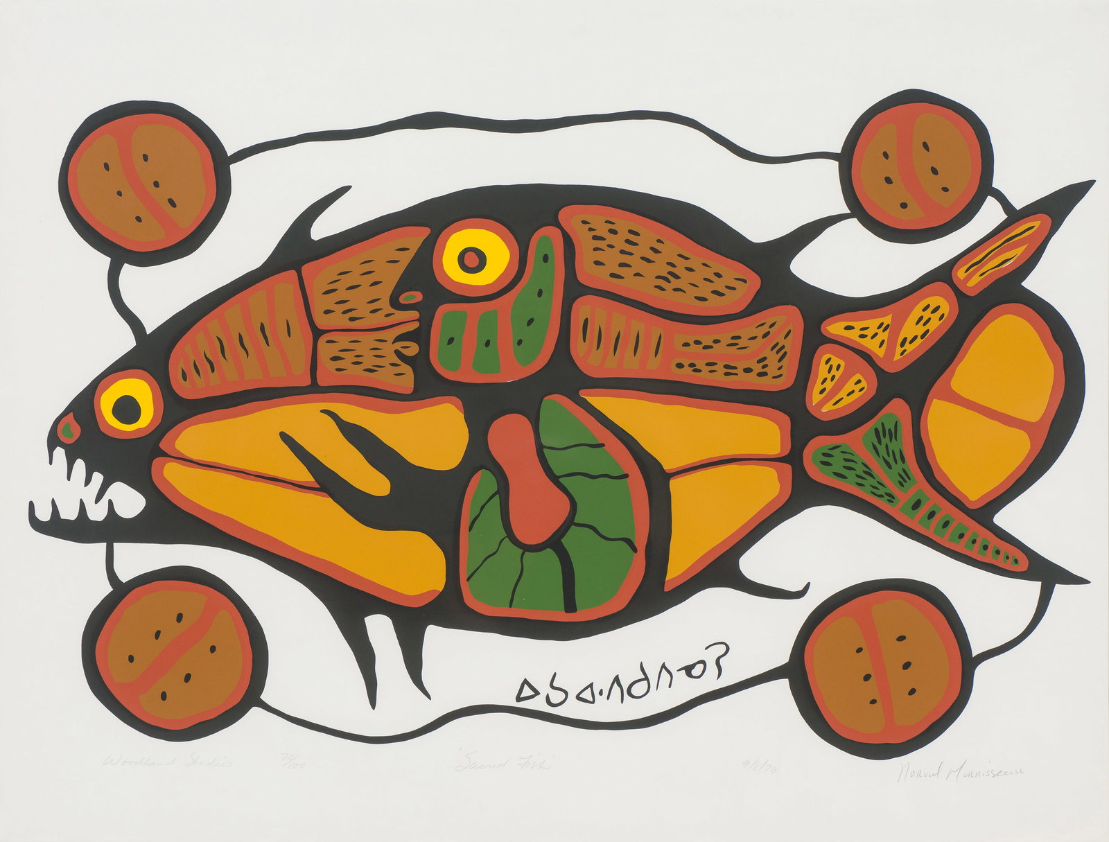 Norval Morrisseau Sacred Fish, 1976: Norval Morrisseau (Canadian, 1932-2007) Sacred Fish, 1976 Serigraph on BFK Rives paper ed. 70 of 100 23.25 x 31 (in) 25.75 x 33.75 x 1 (in) framed Signed in pencil Norval Morrisseau, lower right $300