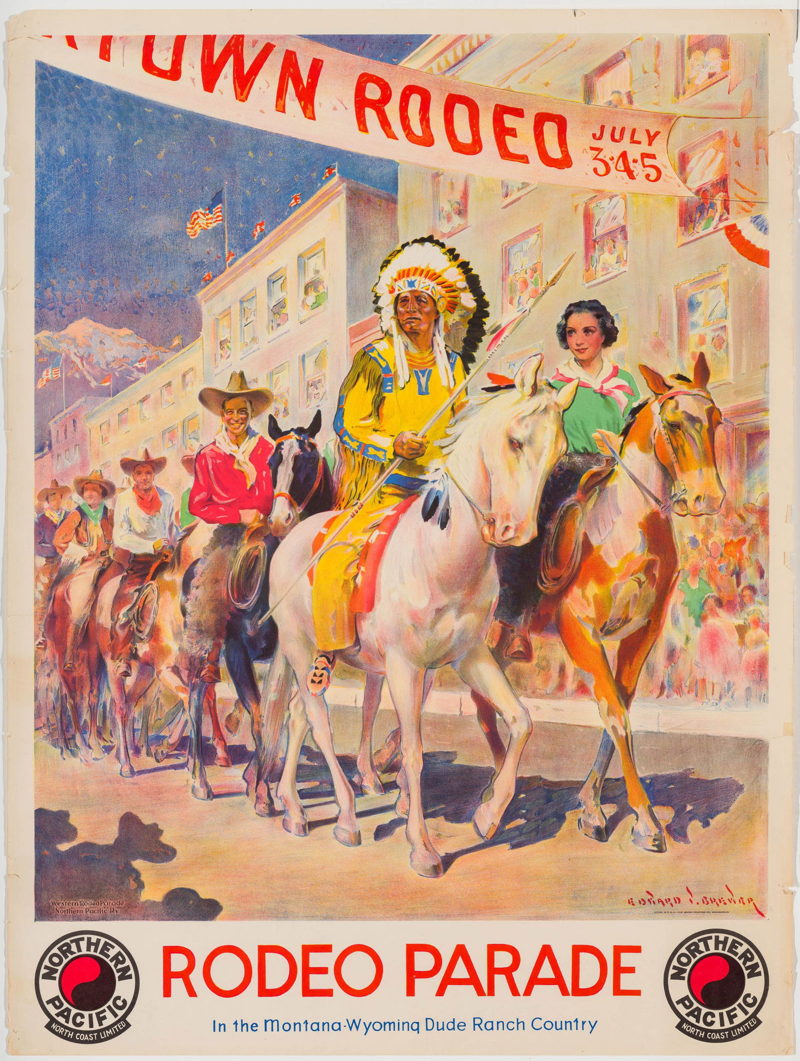 Edward Vincent Brewer Rodeo Parade / Northern Pacific Railroad, c. 1935: Edward Vincent Brewer (American, 1993-1971) Rodeo Parade / Northern Pacific Railroad, c. 1935 Poster on paper 40 x 30 (in) Signed in the plate Edward V. Brewer, lower right $500 - $1,000 Printed by Th