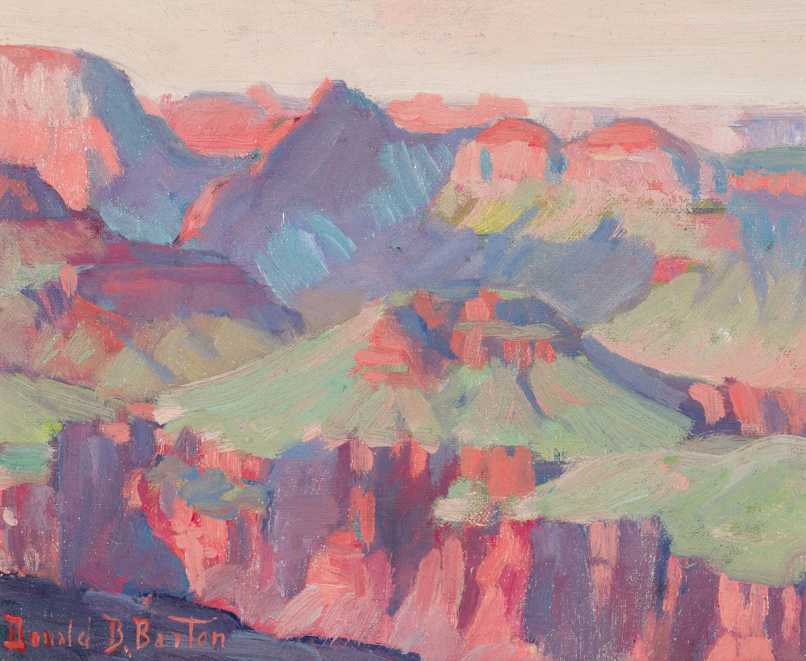 Donald Barton Grand Canyon View: Donald Barton (American, 1903-1990) Grand Canyon View Oil on board 8 x 10 (in) 12.75 x 14.75 x 1.5 (in) framed Signed Donald B. Barton, lower left $500 - $1,000 Notations on labels in pen "LXXIII"